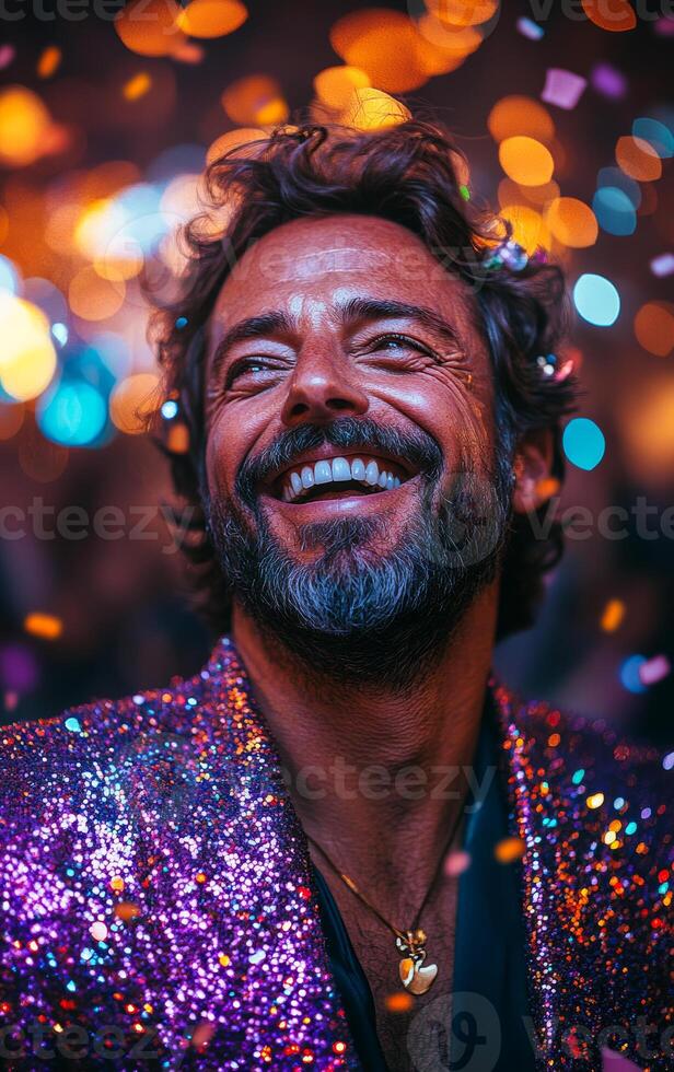 Joyful celebration at a vibrant party. A man smiles brightly while surrounded by colorful confetti and sparkling lights at a lively party event. photo