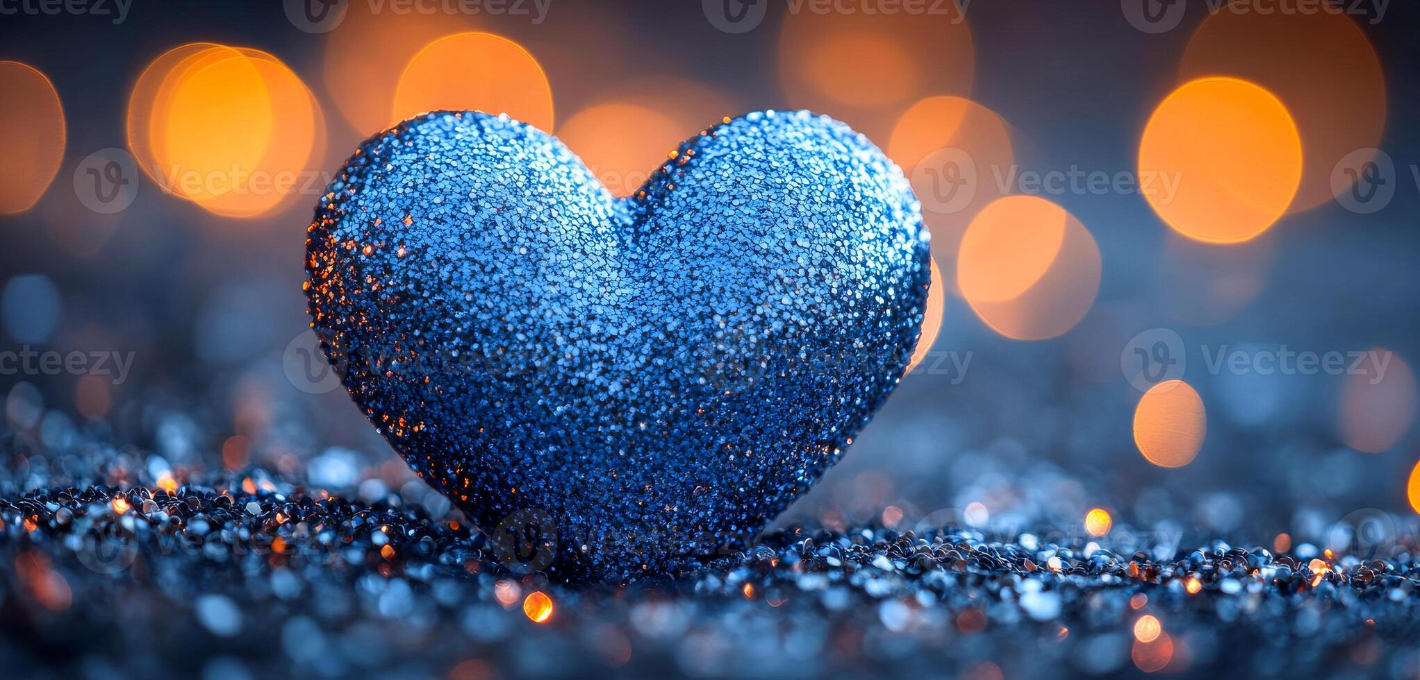 Sparkling blue heart on dark. A blue glitter heart stands out against a dark background filled with shimmering lights, radiating a festive atmosphere. photo