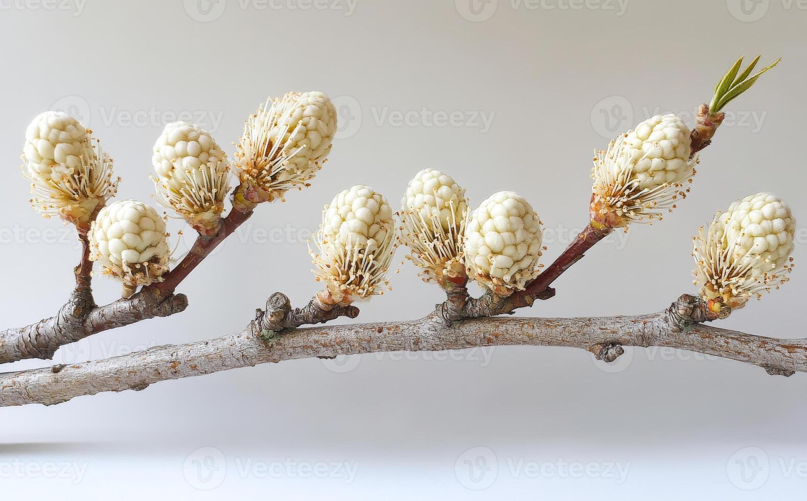 Blossoming branches with unique flowers. White, textured blossoms emerge from slender branches, showing signs of spring's arrival in a calm, simple setting. photo
