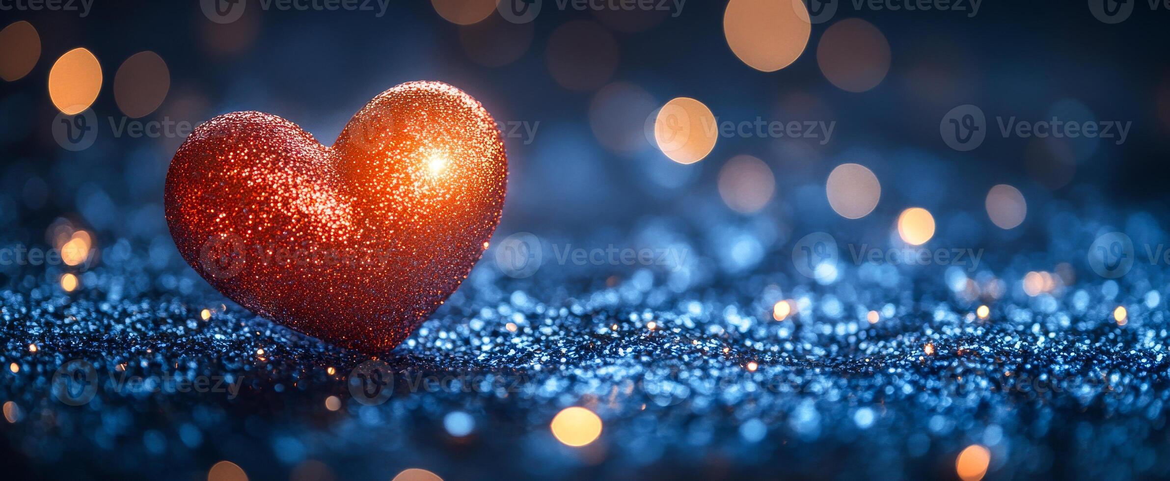 Sparkling heart on a glittering surface. A red glitter heart rests on a shimmering blue background with soft glowing lights highlighting its edges. photo