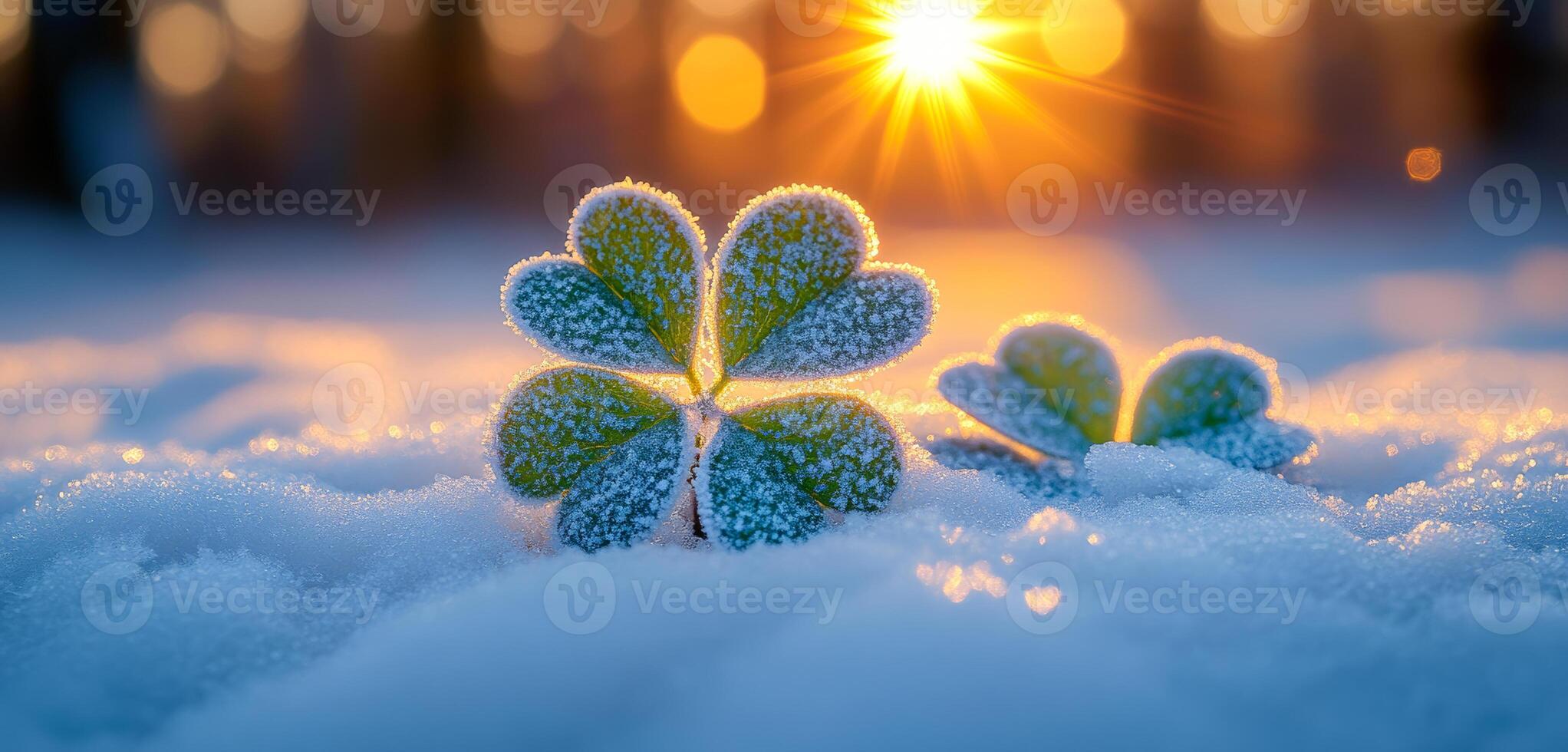 Frosty clover blossoms under morning sun. Clovers covered in frost shine as the sun rises, creating a beautiful contrast against the snowy landscape. photo