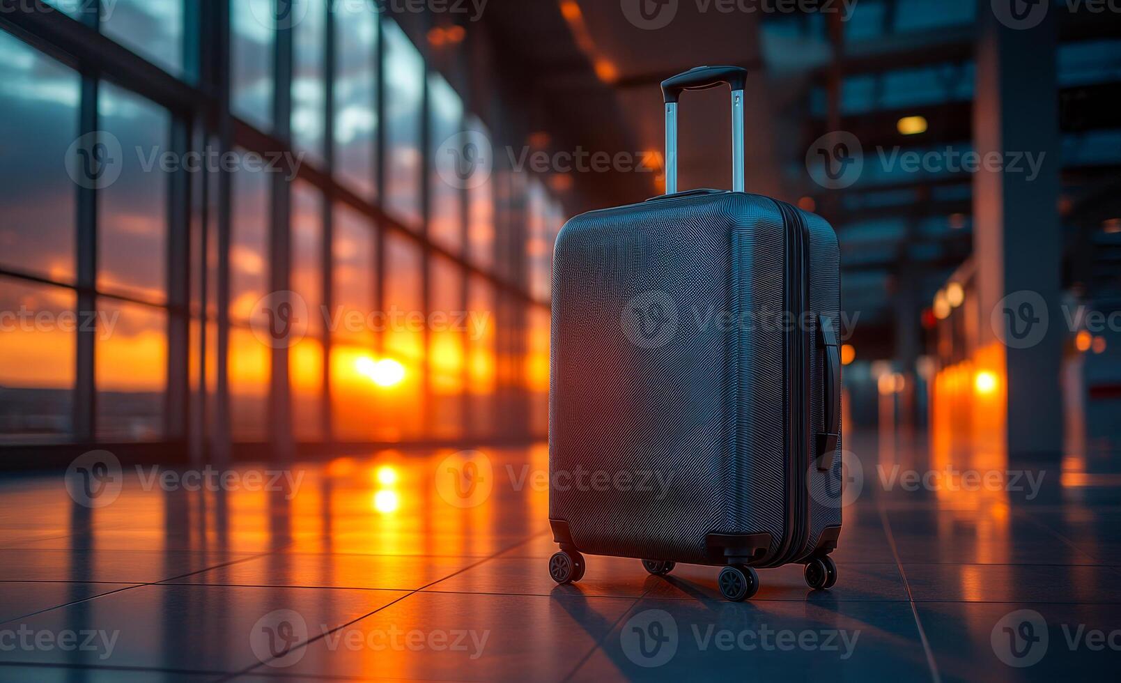 Sunset at the airport with a luggage. A lone suitcase stands on the terminal floor as a vibrant sunset colors the sky behind large glass windows. photo