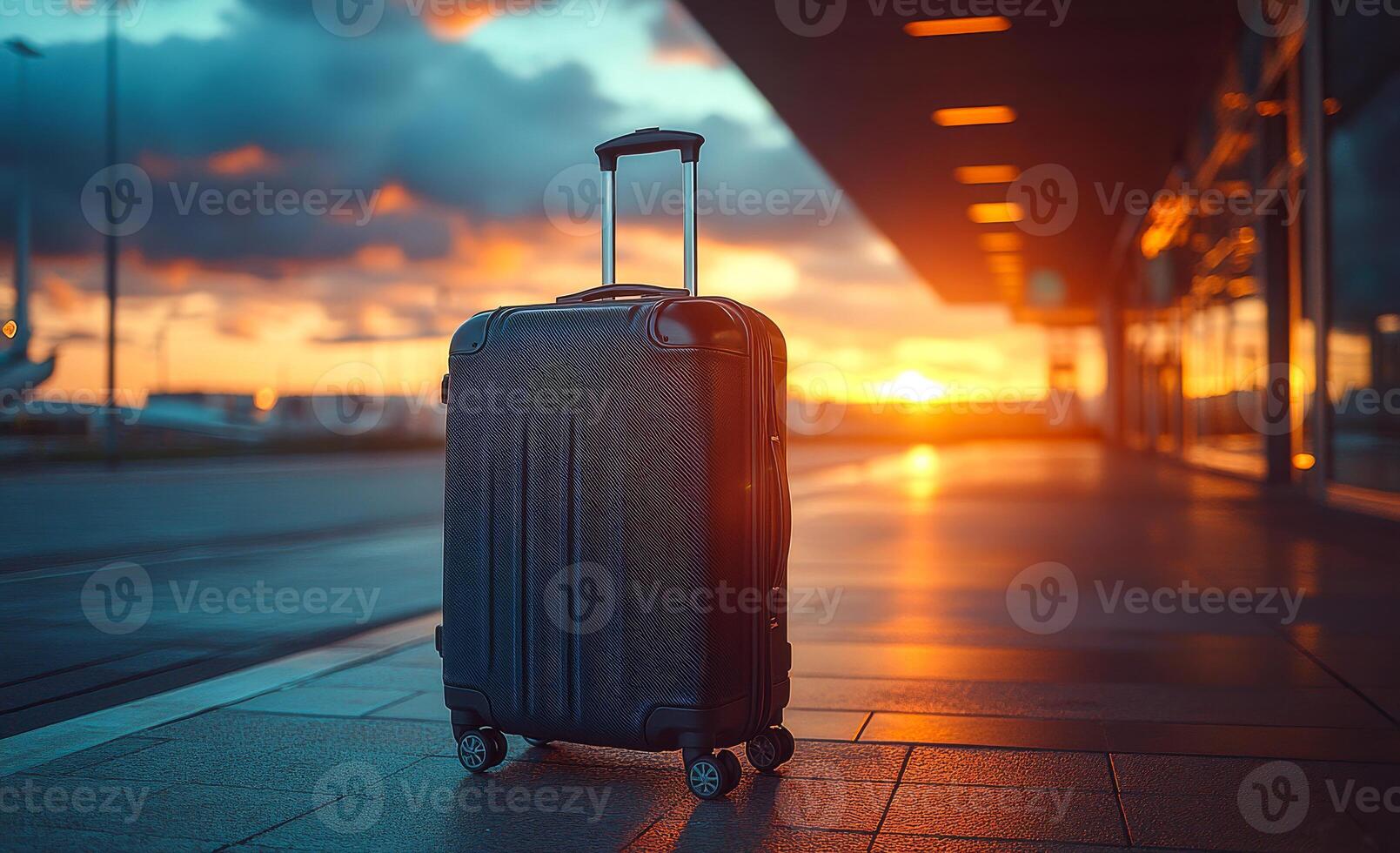 Sunset at airport terminal. A lone suitcase stands at an airport terminal as the sun sets, casting a warm glow across the pavement and clouds. photo