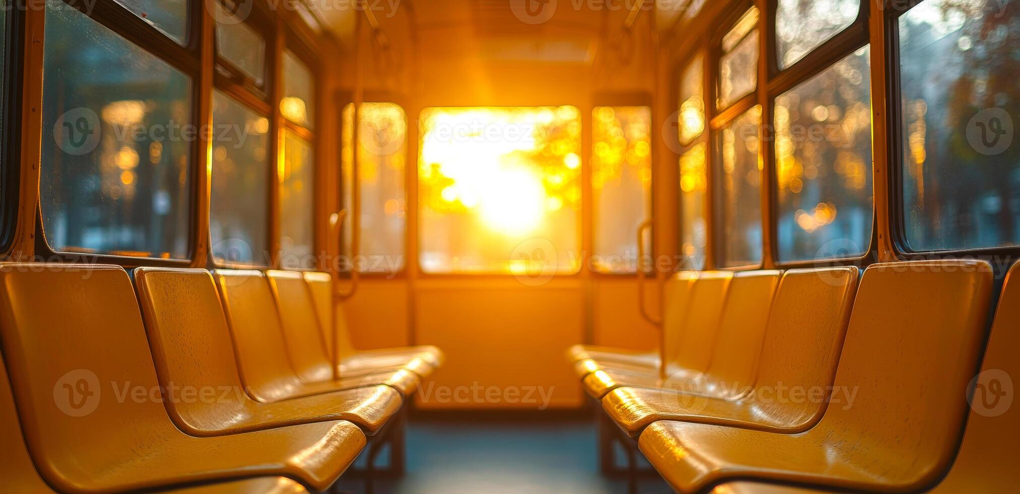 Sunset light fills empty bus interior. Golden sunlight streams through bus windows, illuminating vacant yellow seats during sunset. photo
