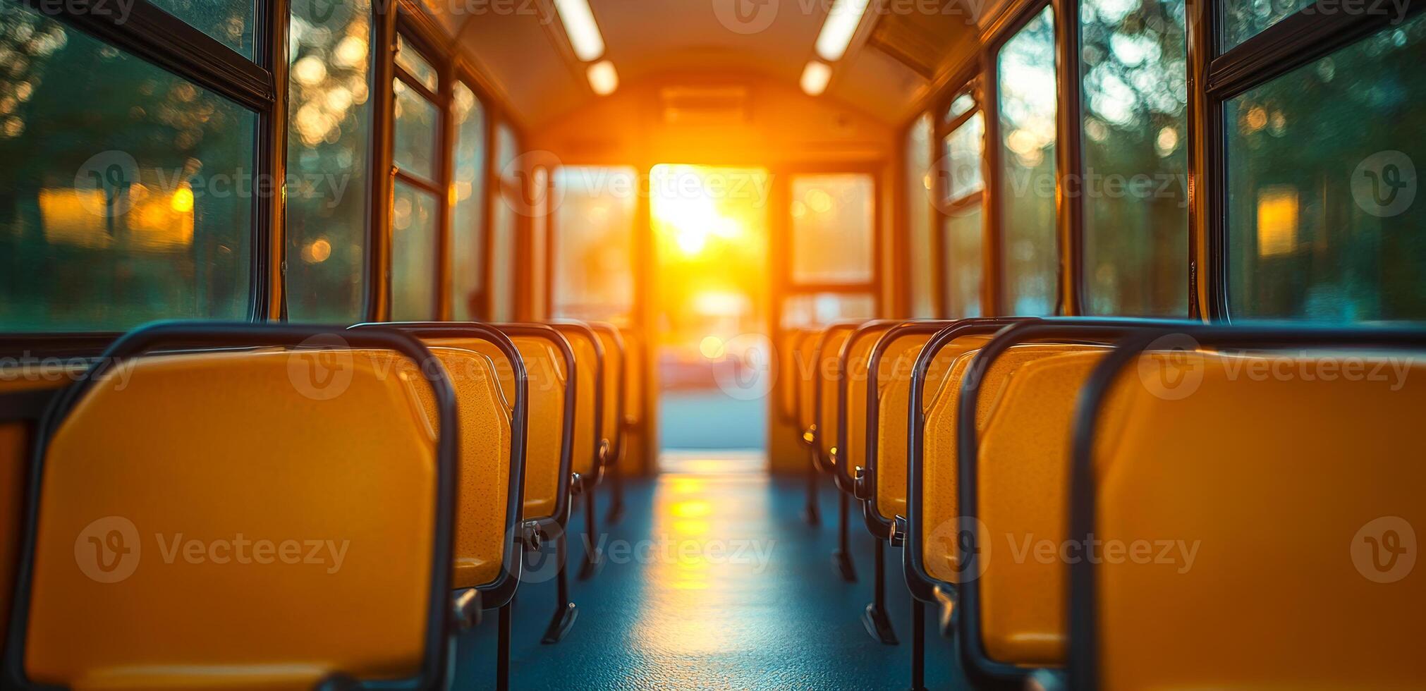 Sunset view from an empty bus interior. Golden sunlight filters through bus windows, illuminating empty yellow seats and creating a warm, tranquil atmosphere. photo