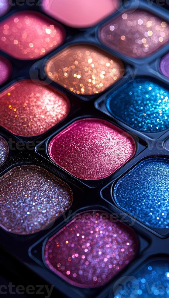Colorful eyeshadow palette with sparkles. Close-up view of an eyeshadow palette featuring various vibrant shades and sparkling finishes suitable for makeup looks. photo