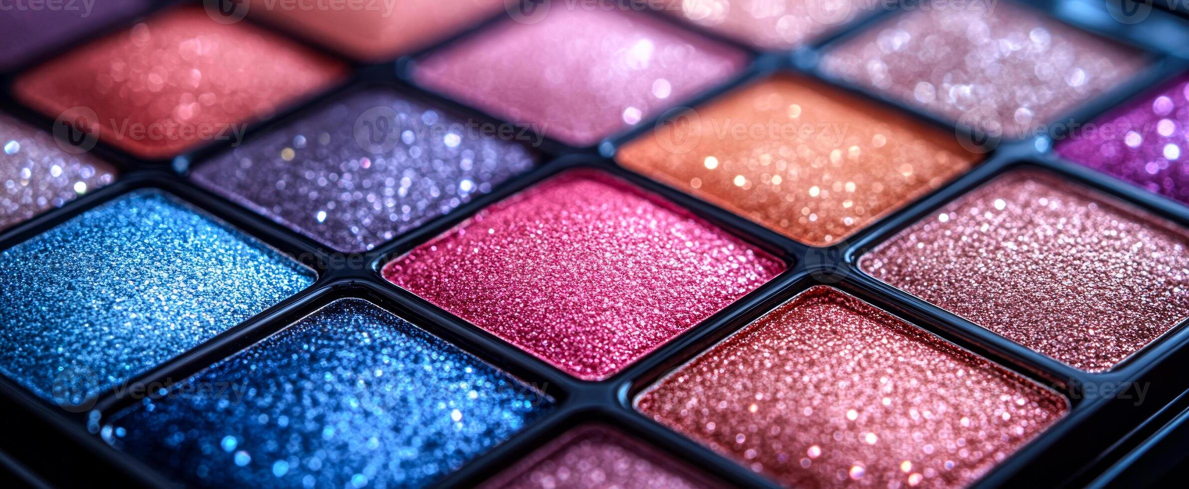 Vibrant shimmering eyeshadow palette. Close-up of a makeup palette featuring vibrant, sparkling eyeshadow shades arranged in a neat grid pattern. photo
