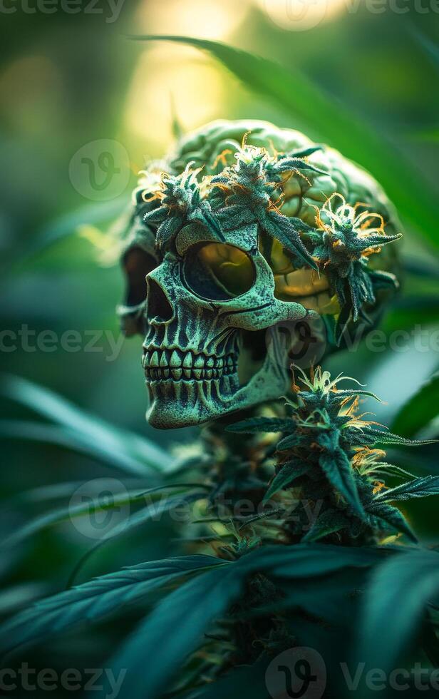 Skull with cannabis and plants. A skull surrounded by cannabis leaves and vibrant tropical plants in a lush green setting creates a striking display. photo