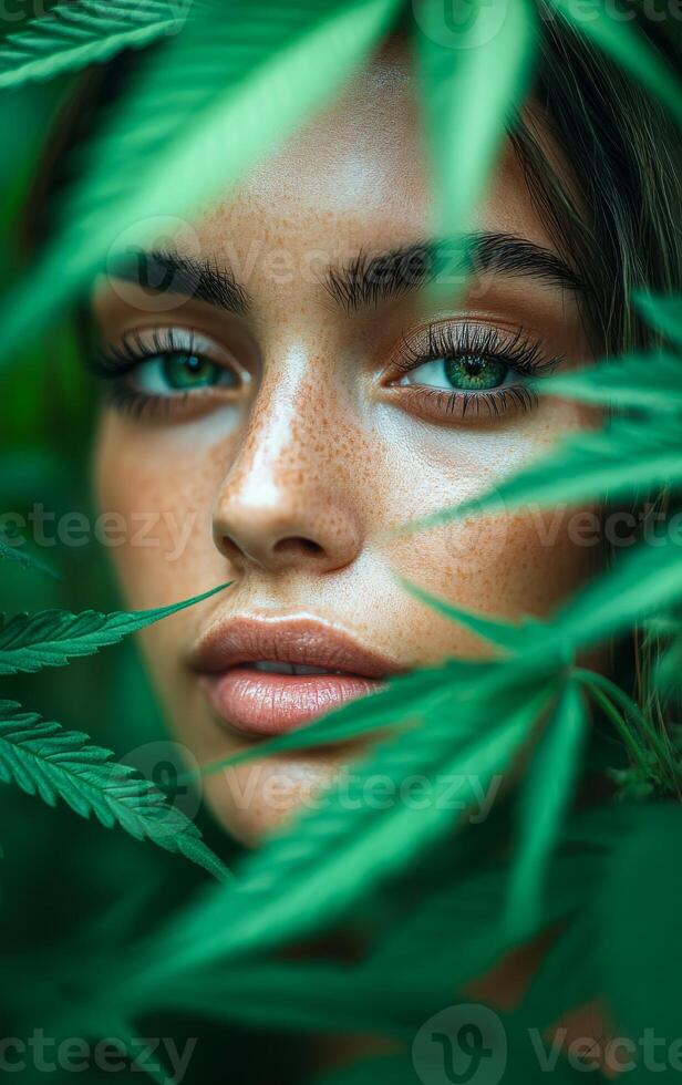 Stunning portrait through lush greenery. Close-up portrait featuring a person's captivating eyes framed by vibrant green leaves in a natural setting. photo