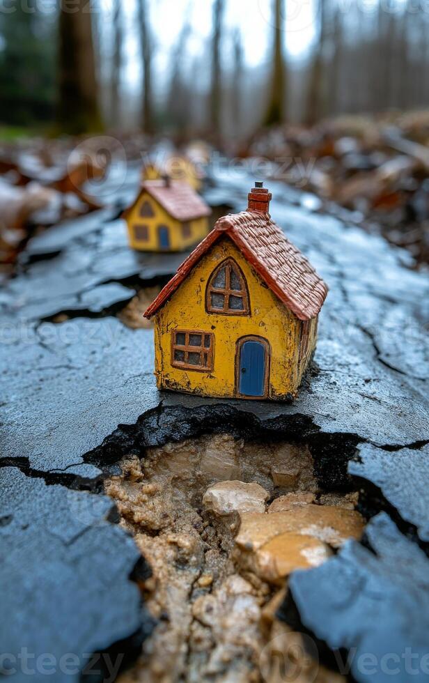 Tiny houses on cracked ground. Miniature houses sit on cracked ground in a forest, showcasing a unique blend of nature and playful design. photo
