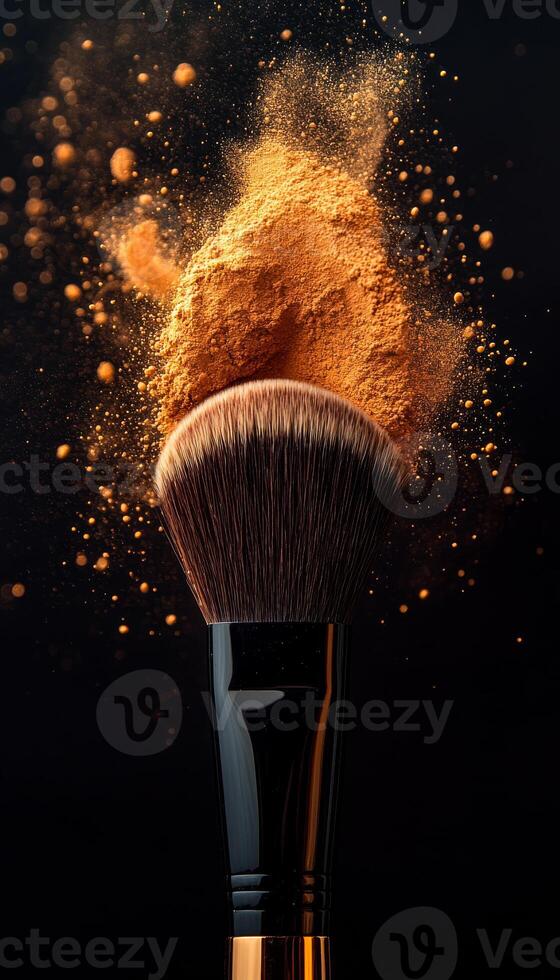 Makeup brush disperses powder in air. A makeup brush releases vibrant powder, creating a colorful cloud against a dark background in an artistic display. photo