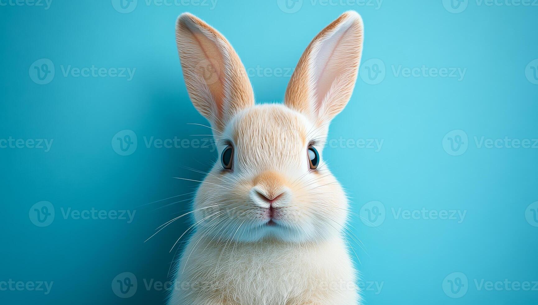 Curious rabbit against a blue background. A soft-furred rabbit curiously stares at the camera, its cute face and big ears pop against a blue background. photo