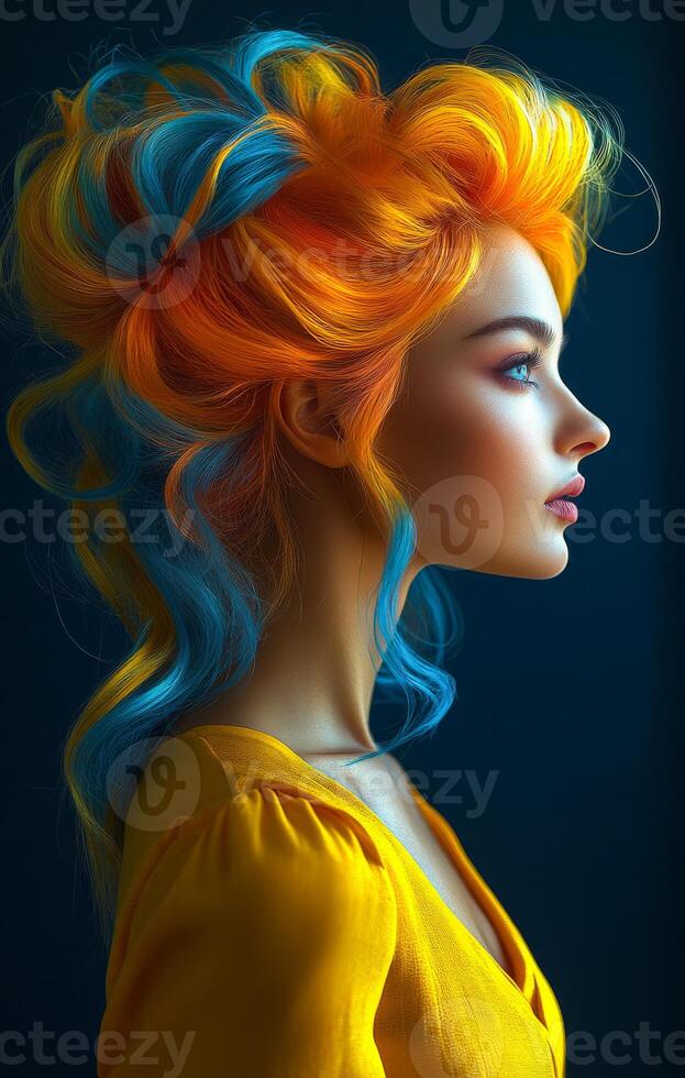 Colorful locks in a portrait. A young woman flaunts a vibrant orange and blue hairstyle against a dark background. photo