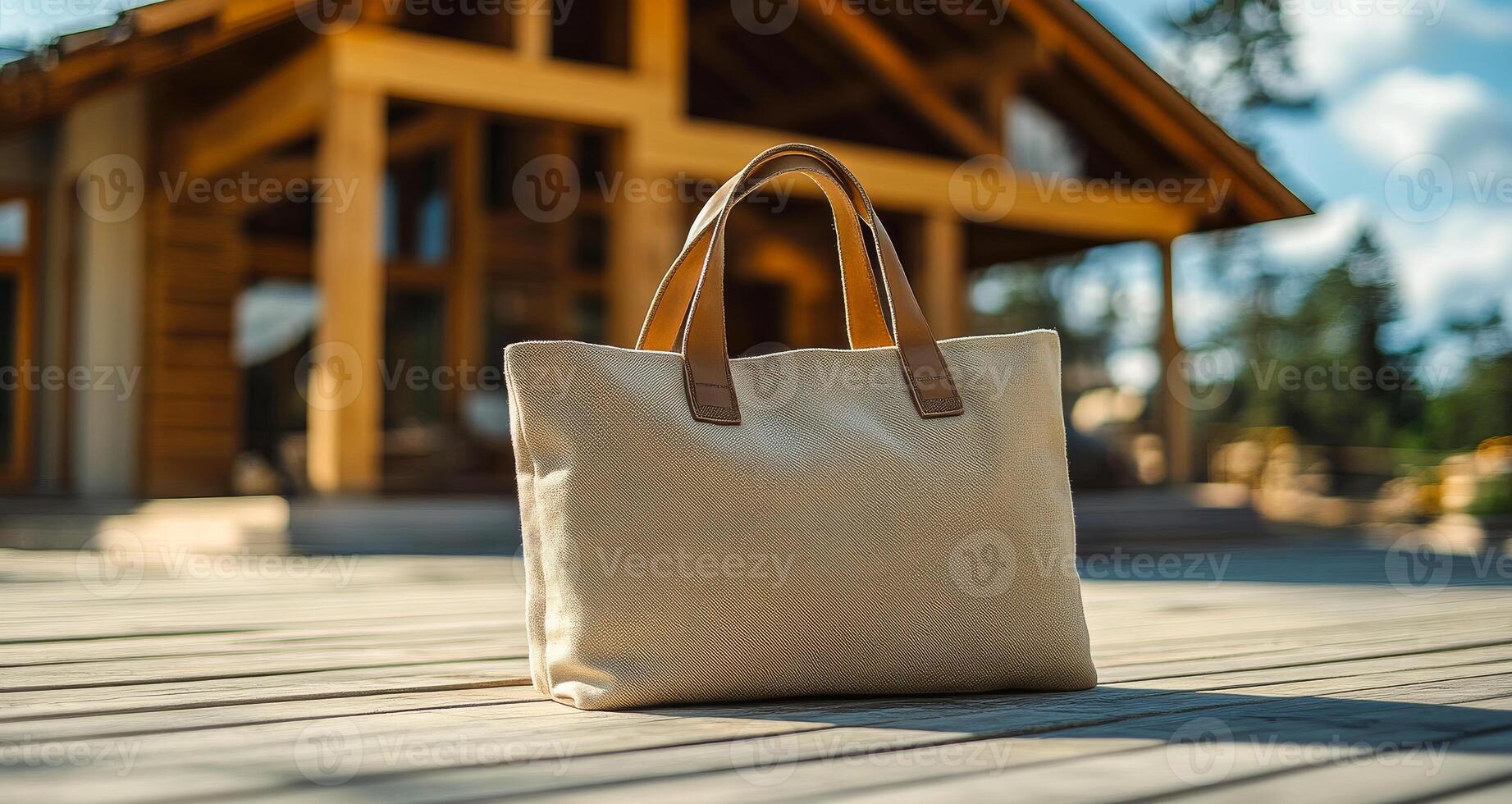 Stylish tote bag placed on wooden deck. A stylish tote bag rests on a wooden deck outside a cozy cabin under a clear blue sky during daytime. photo