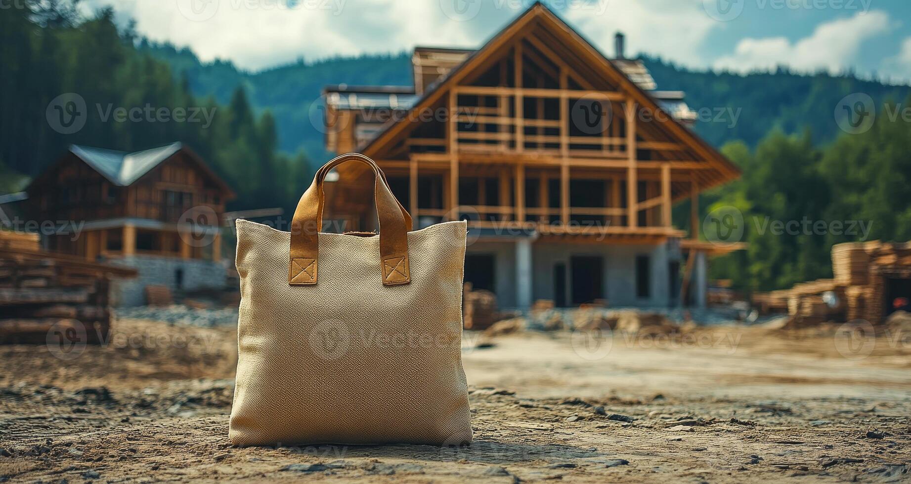 Chic bag by wooden cabin. A fashionable bag rests on the ground near a cabin under construction, surrounded by trees and building materials. photo