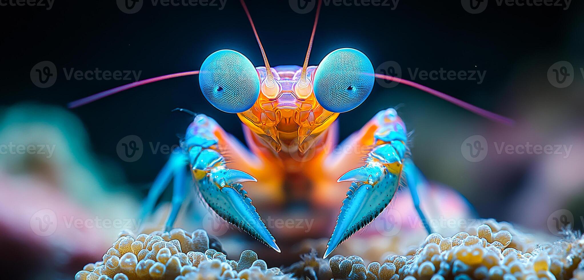 Colorful mantis shrimp in coral. A vibrant mantis shrimp poses among coral structures, showcasing its striking colors and unique features in the ocean. photo