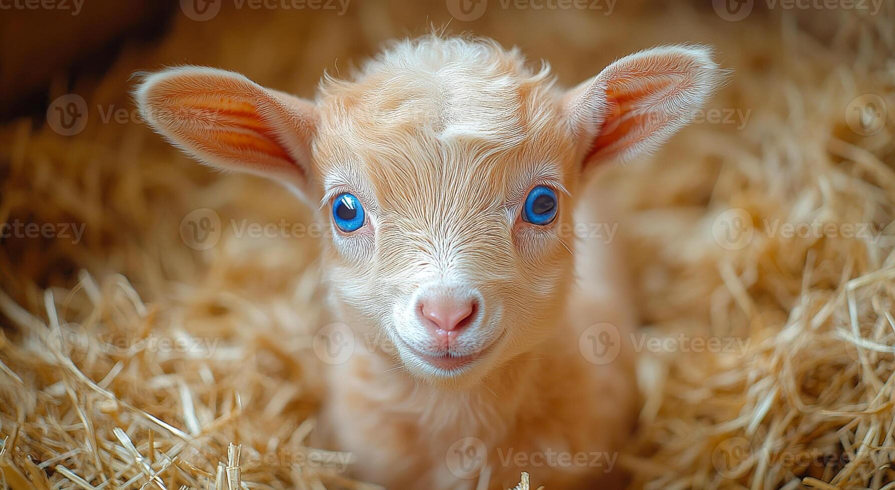Cute baby goat in straw bedding. A young goat with bright blue eyes looks curiously at the observer while resting on soft straw bedding. photo