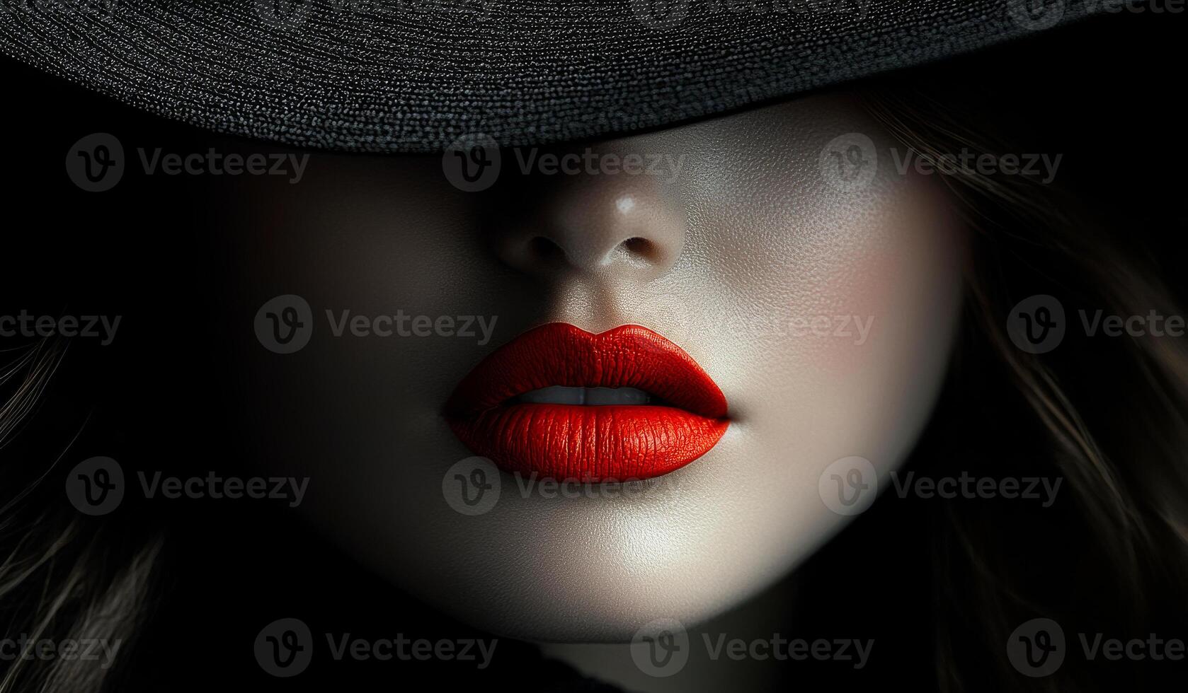 Stunning close-up of red lips. In a low-light setting, a close-up reveals bold red lips partially hidden by a dark hat, conveying mystery and allure. photo