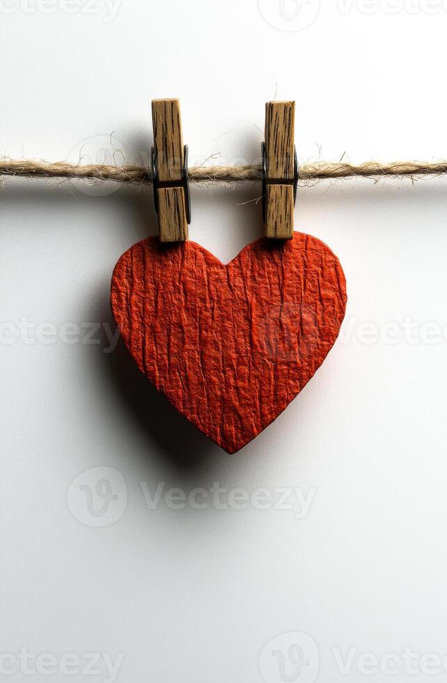 Colorful heart decoration on a string. A textured orange heart is clipped to a twine string, adding a charming touch to the simple display. photo