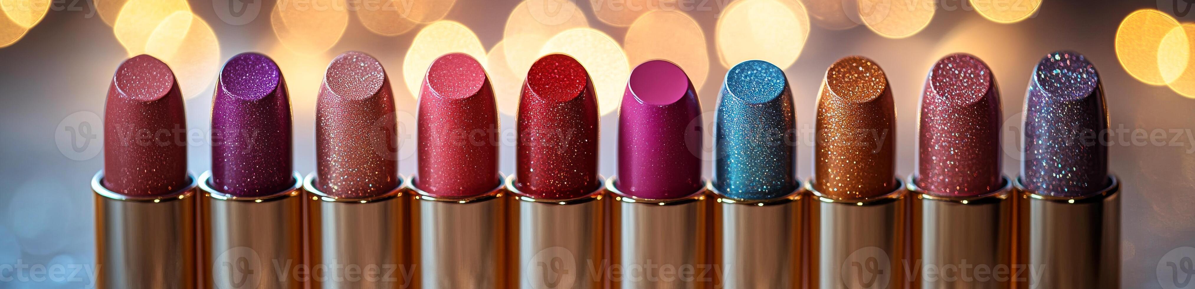 Colorful lipstick shades on display. Colorful lipstick shades are arranged neatly, showcasing vibrant hues against a blurred, shimmering background. photo