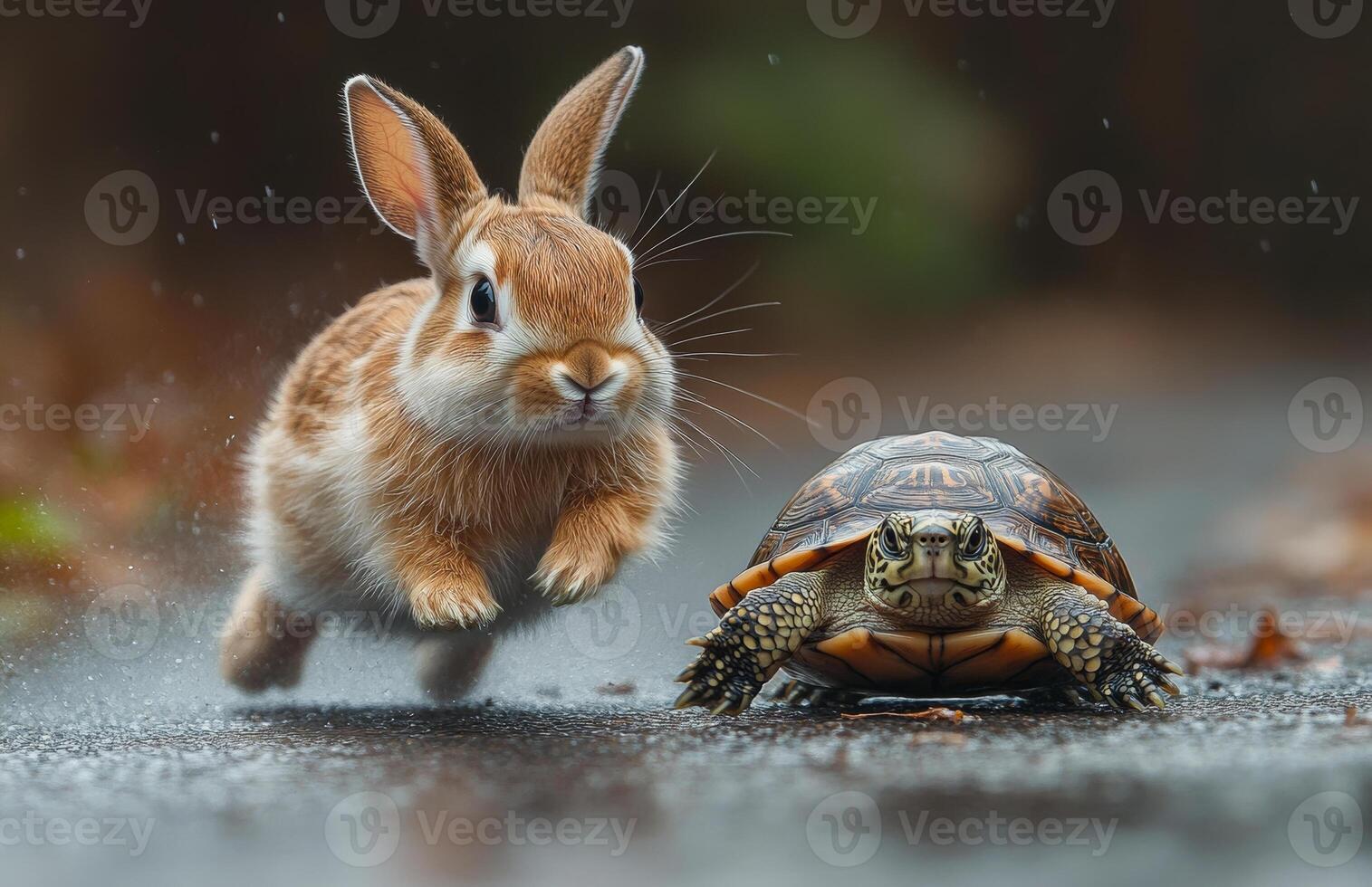 Rabbit races turtle on a rainy day. A rabbit leaps energetically alongside a turtle on a wet path during light rain, showcasing contrasting speeds. photo