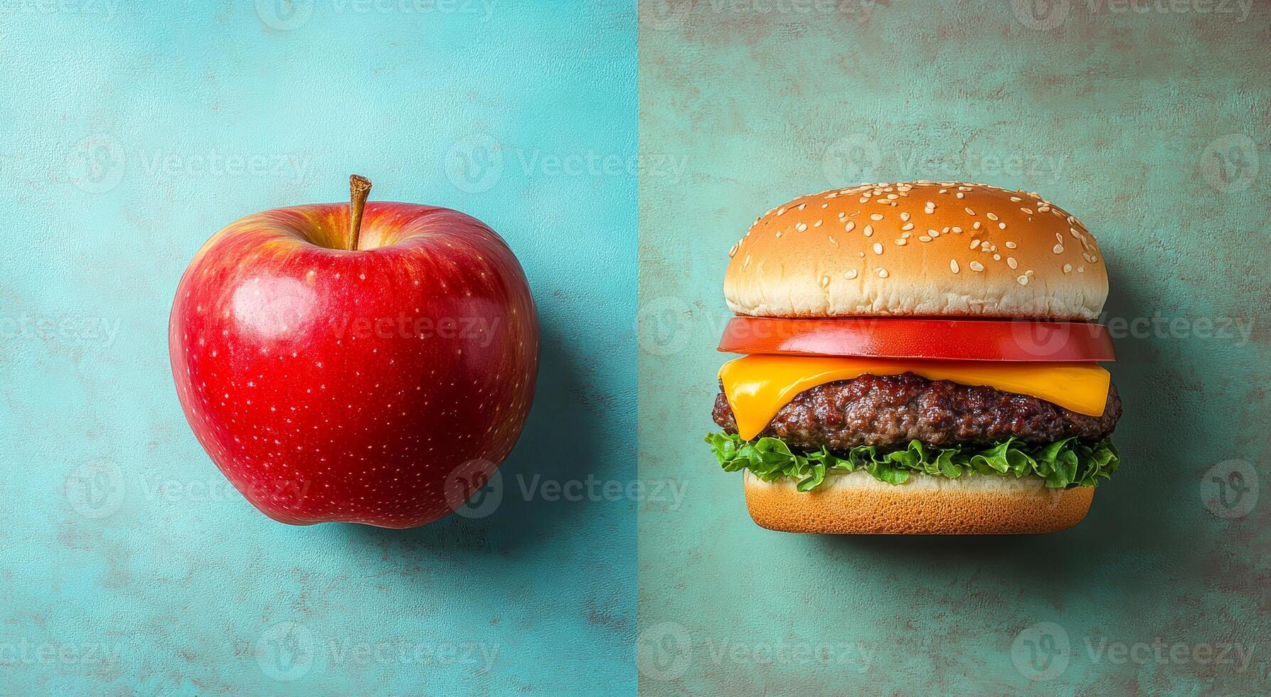 Contrast of healthy and indulgent foods. A red apple stands next to a cheeseburger with lettuce, tomato, and sesame seed bun on a colored background. photo