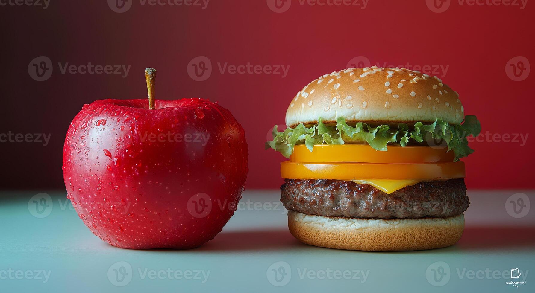 Juicy hamburger and fresh apple display. A red apple and a juicy hamburger sit on a table, showcasing contrasting freshness and indulgence. photo