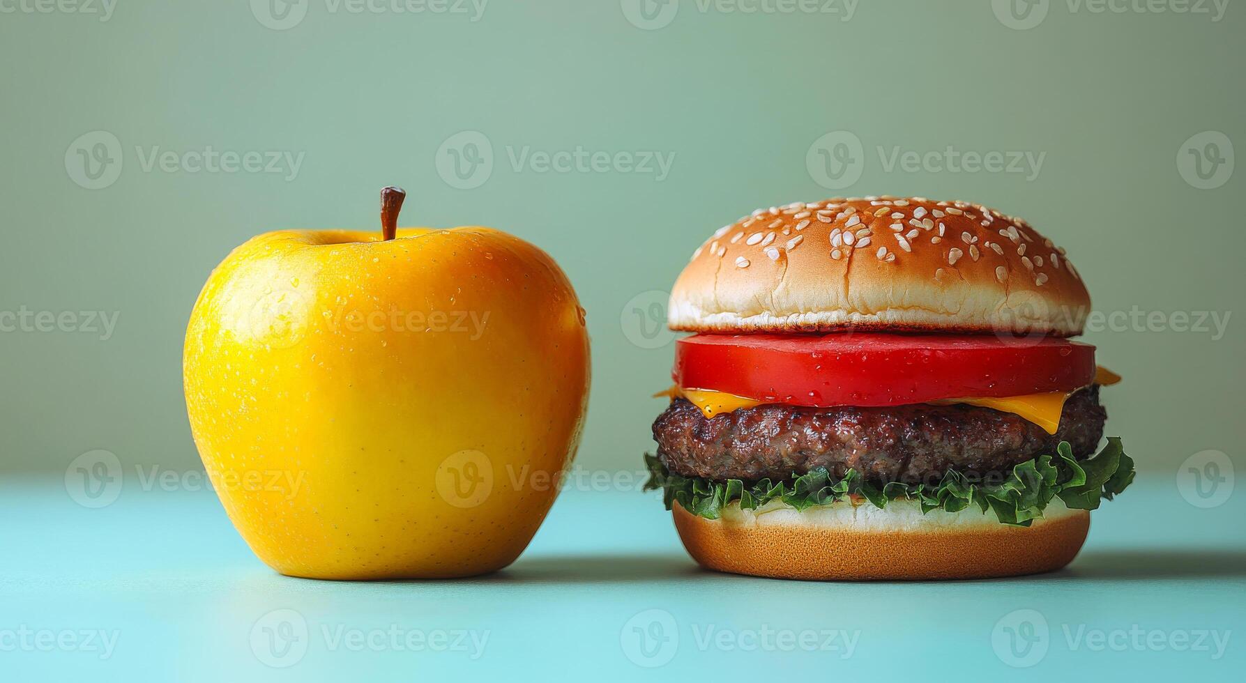 Healthy choices with burger and apple. A yellow apple rests beside a colorful burger with toppings on a light blue table, highlighting food choices. photo