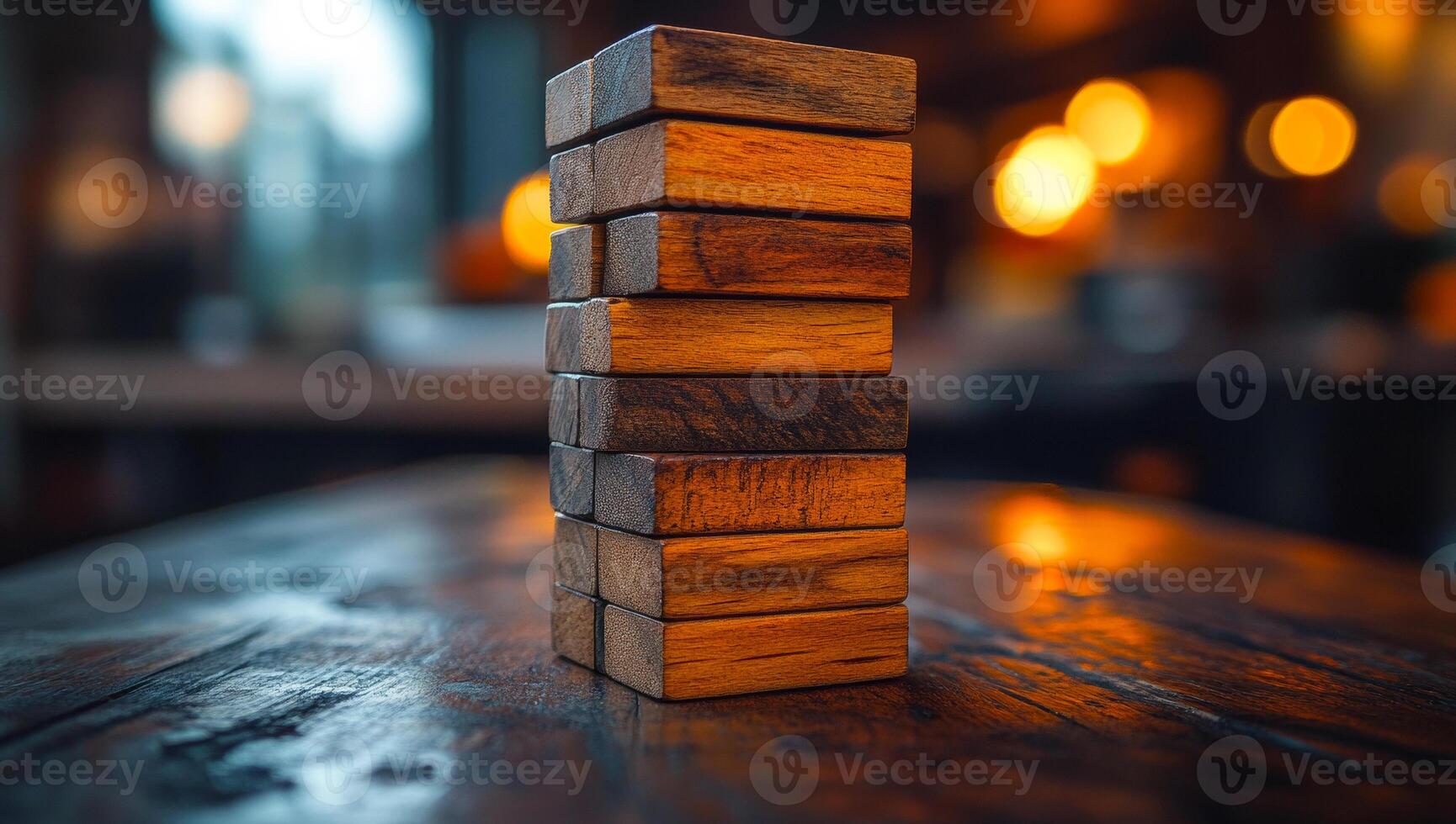 Stack of wooden blocks on rustic table. Wooden blocks stacked on a rustic table, with soft bokeh lights in the background for a warm ambiance. photo