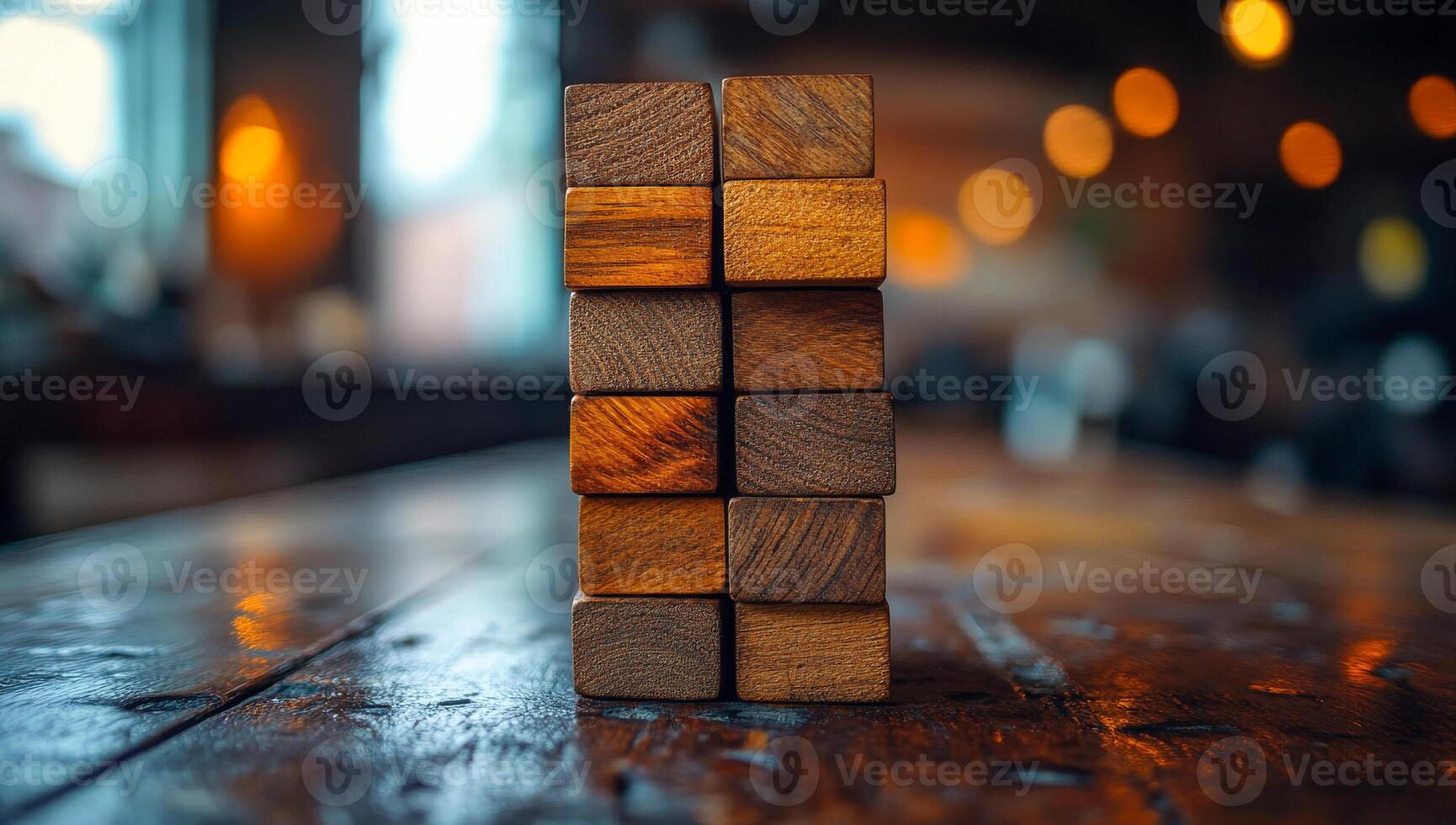 Stacked wooden blocks on a table. Wooden blocks are neatly stacked on a rustic table in a cozy, well-lit environment, inviting creativity and play. photo
