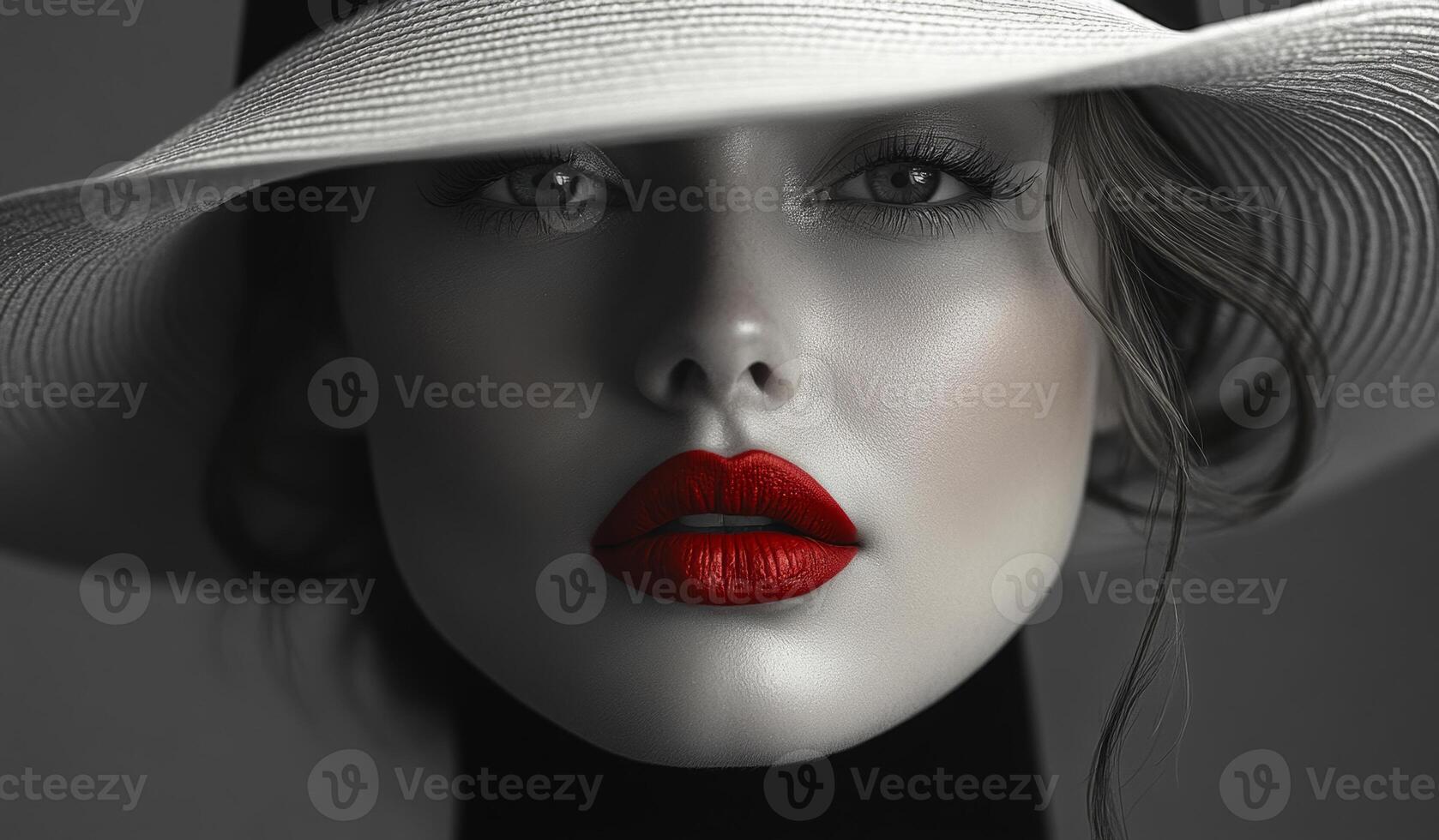 Elegant portrait of a woman in a hat. A striking close-up of a woman with bold red lips and a wide-brimmed hat, showcasing beauty and elegance in monochrome. photo