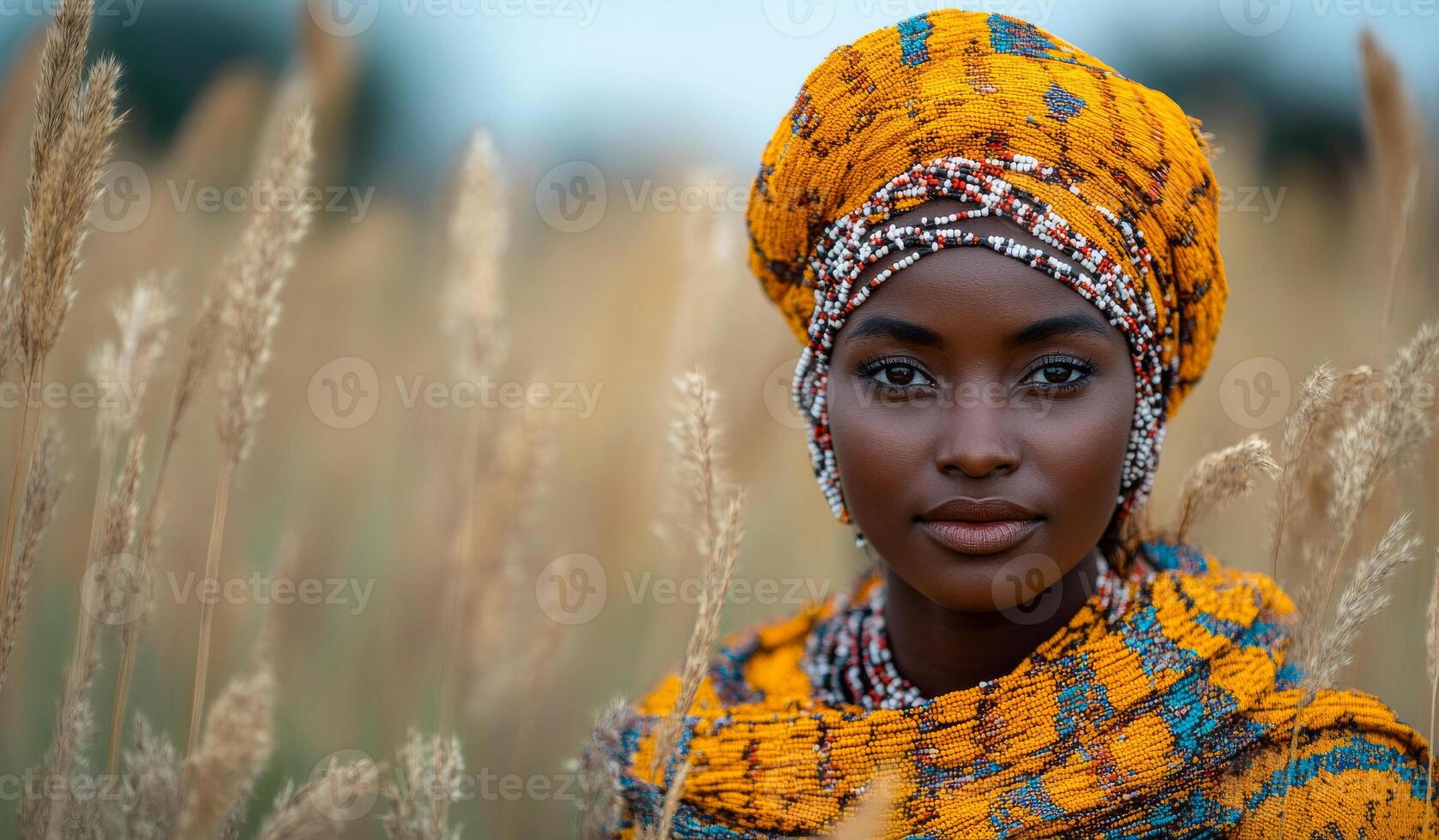 Woman in vibrant attire. A woman stands amid tall grass, wearing colorful traditional clothing and accessories that reflect her heritage. photo