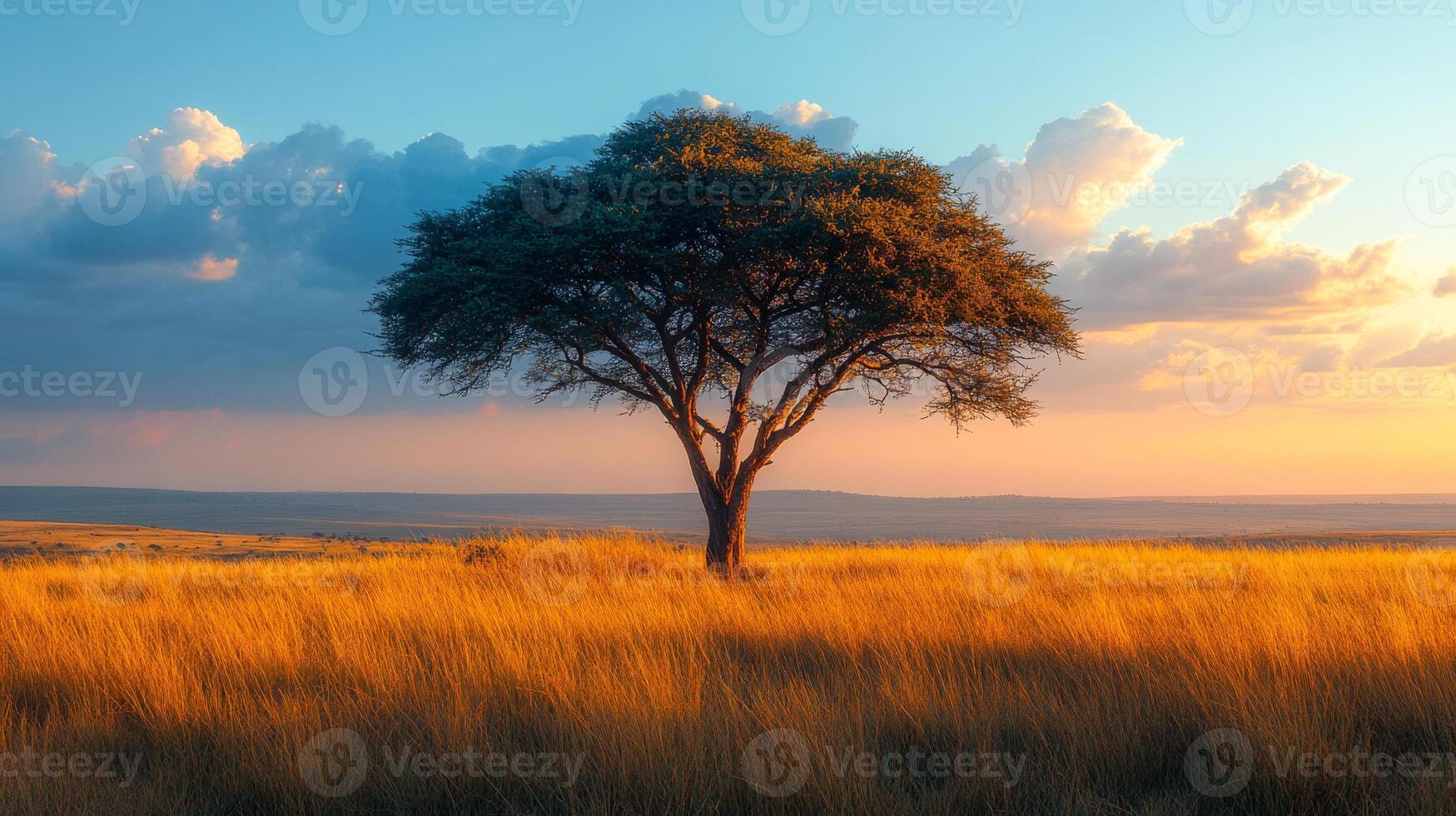 Tree at sunset in savanna. A lone tree stands tall in the savanna as the sun sets, casting a warm glow over the golden grasslands. photo