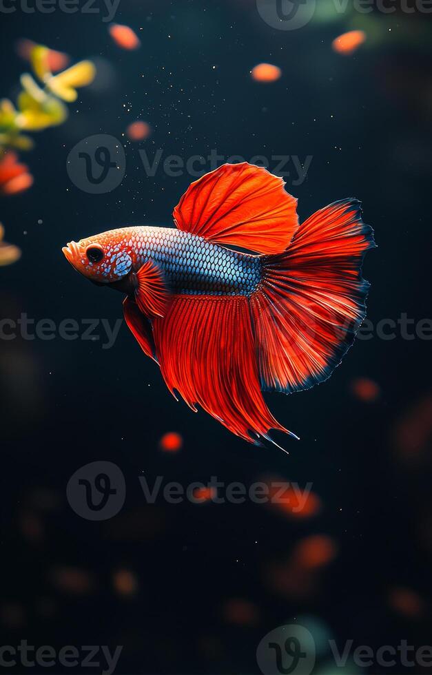 Bright betta fish swimming in dark water. Colorful betta fish glides gracefully through dark underwater surroundings, showcasing its vibrant fins and scales. photo