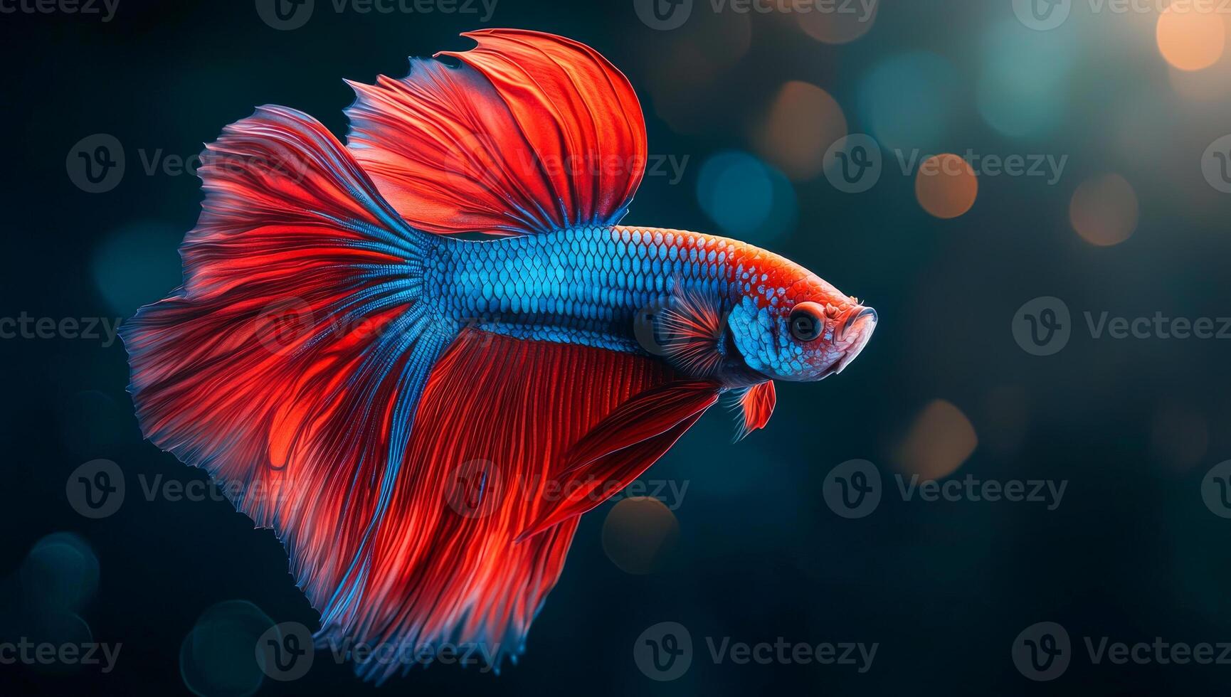 Bright betta fish in dark water. A colorful betta fish glides gracefully through dark water, showcasing its striking red and blue fins. photo