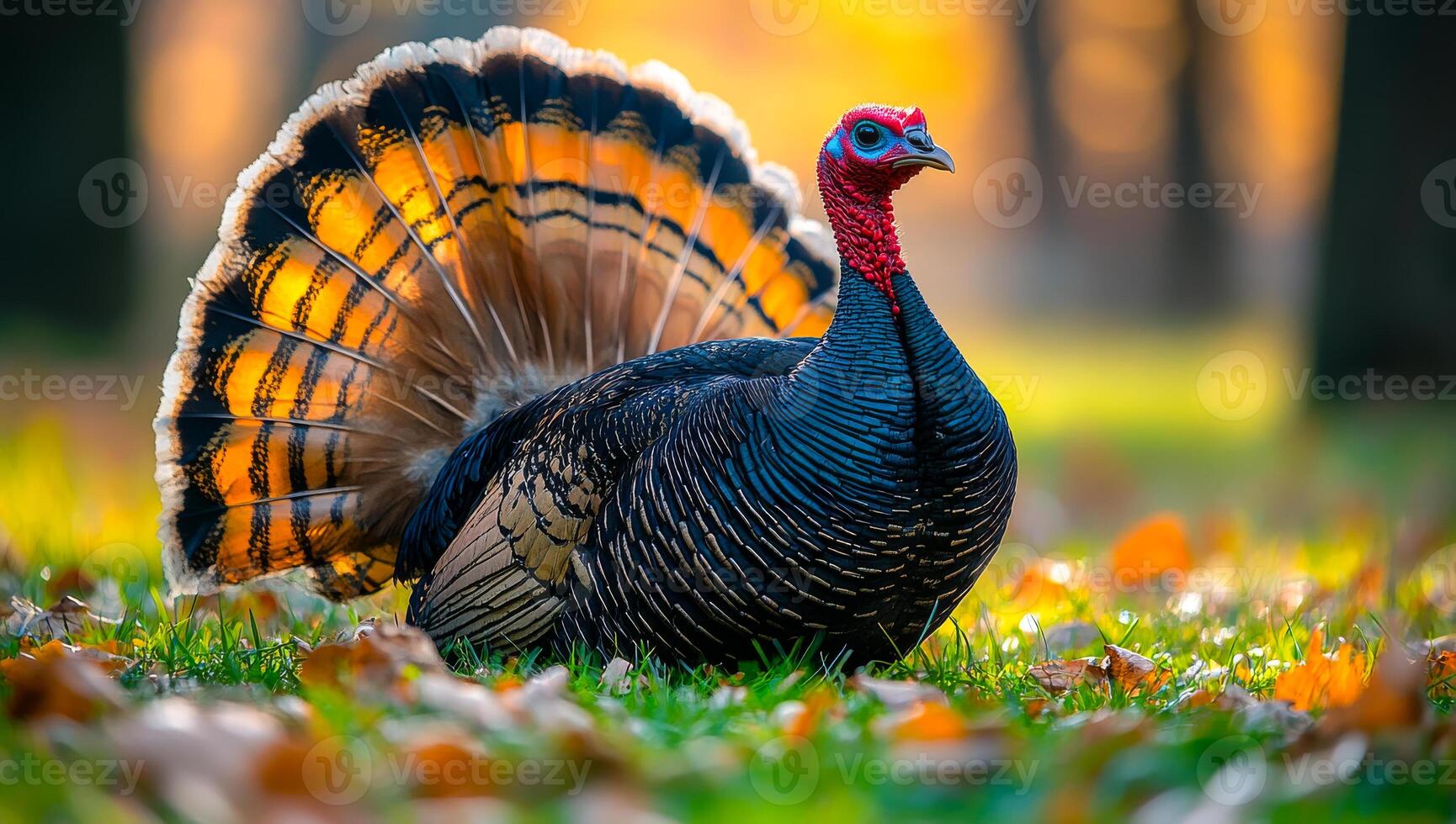 Turkey showing feathers in fall. A turkey spreads its vibrant feathers among fallen leaves in a colorful autumn park, showcasing its beauty. photo