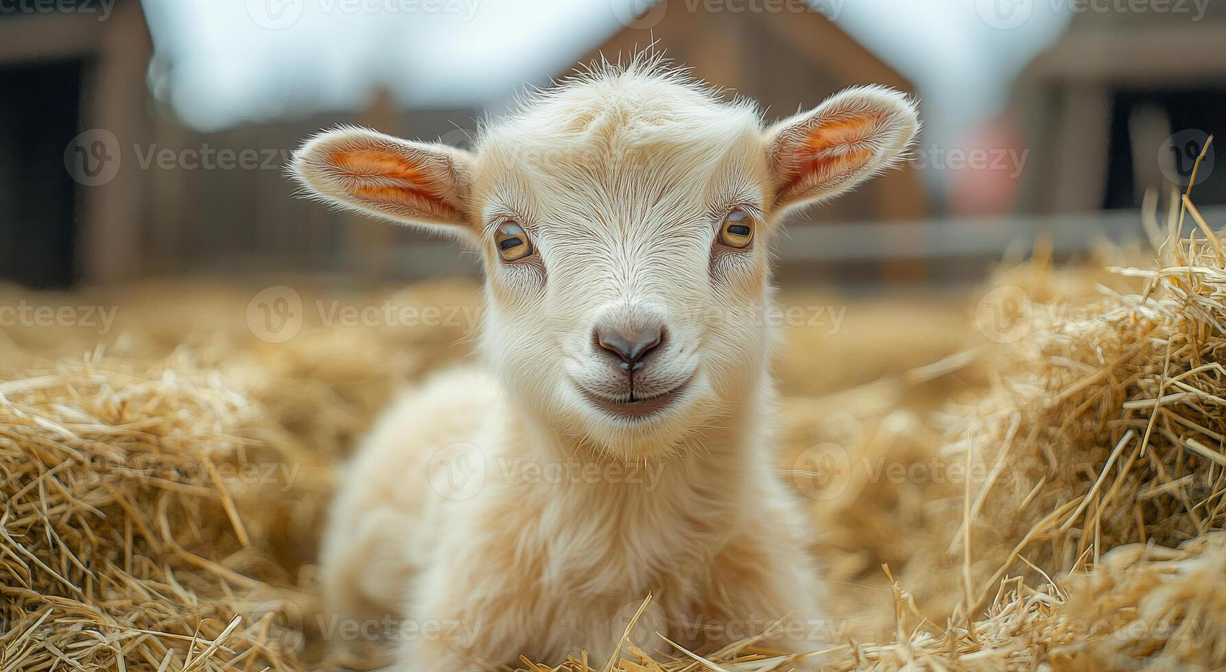 Young goat relaxing in straw at farm. A cute young goat lies comfortably in a bed of straw on a farm, showcasing its fluffy fur and playful demeanor. photo