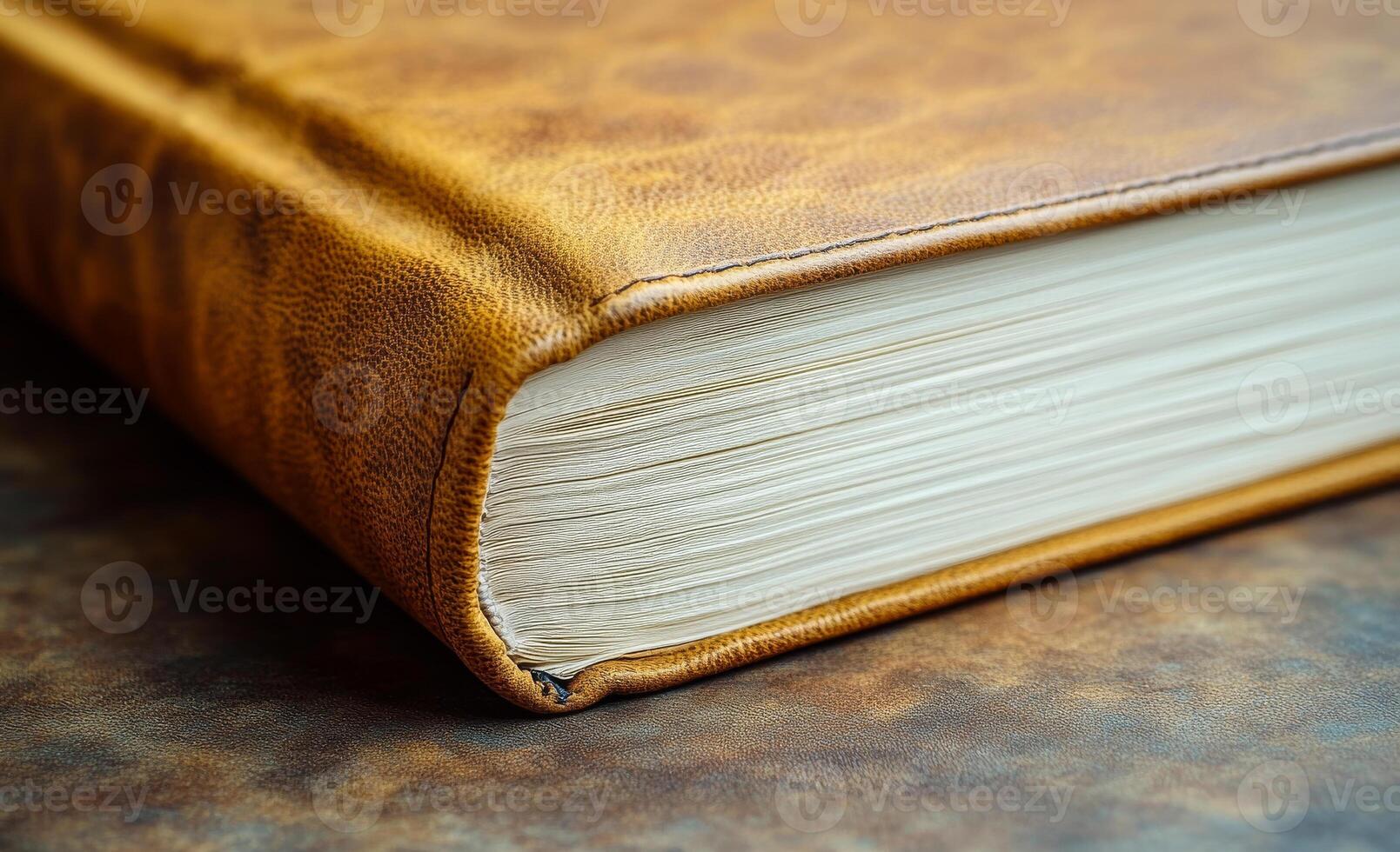 Leather-bound book on table. A leather-bound book with golden pages lays on a rustic table, showcasing its elegant cover and texture. photo