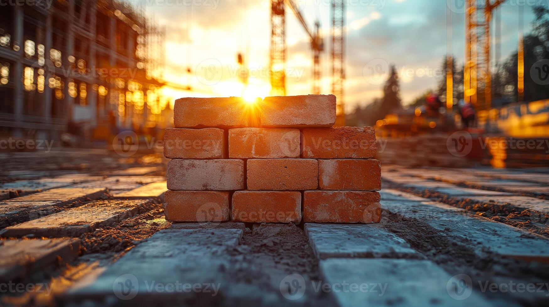 Sunset at a brick construction site. Bricks are stacked prominently on a construction site during sunset, casting warm light across the ground and machinery. photo