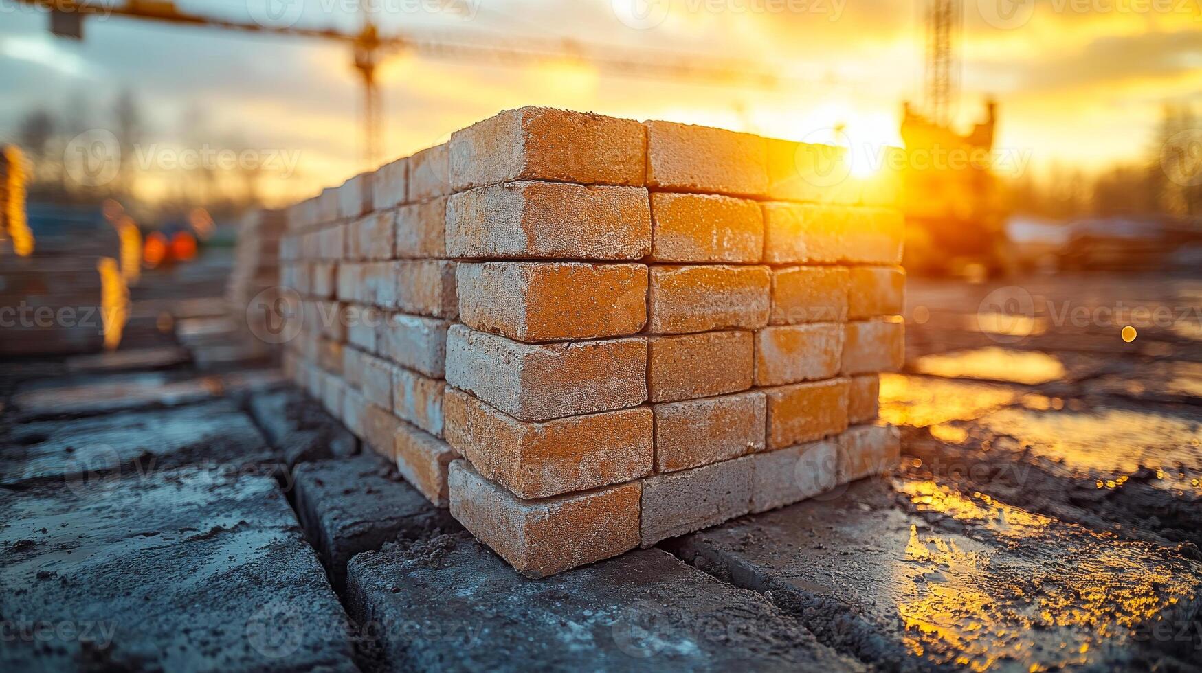 Sunrise over a brick construction site. Morning sunlight shines on fresh bricks at a construction site, hinting at a productive day ahead. photo