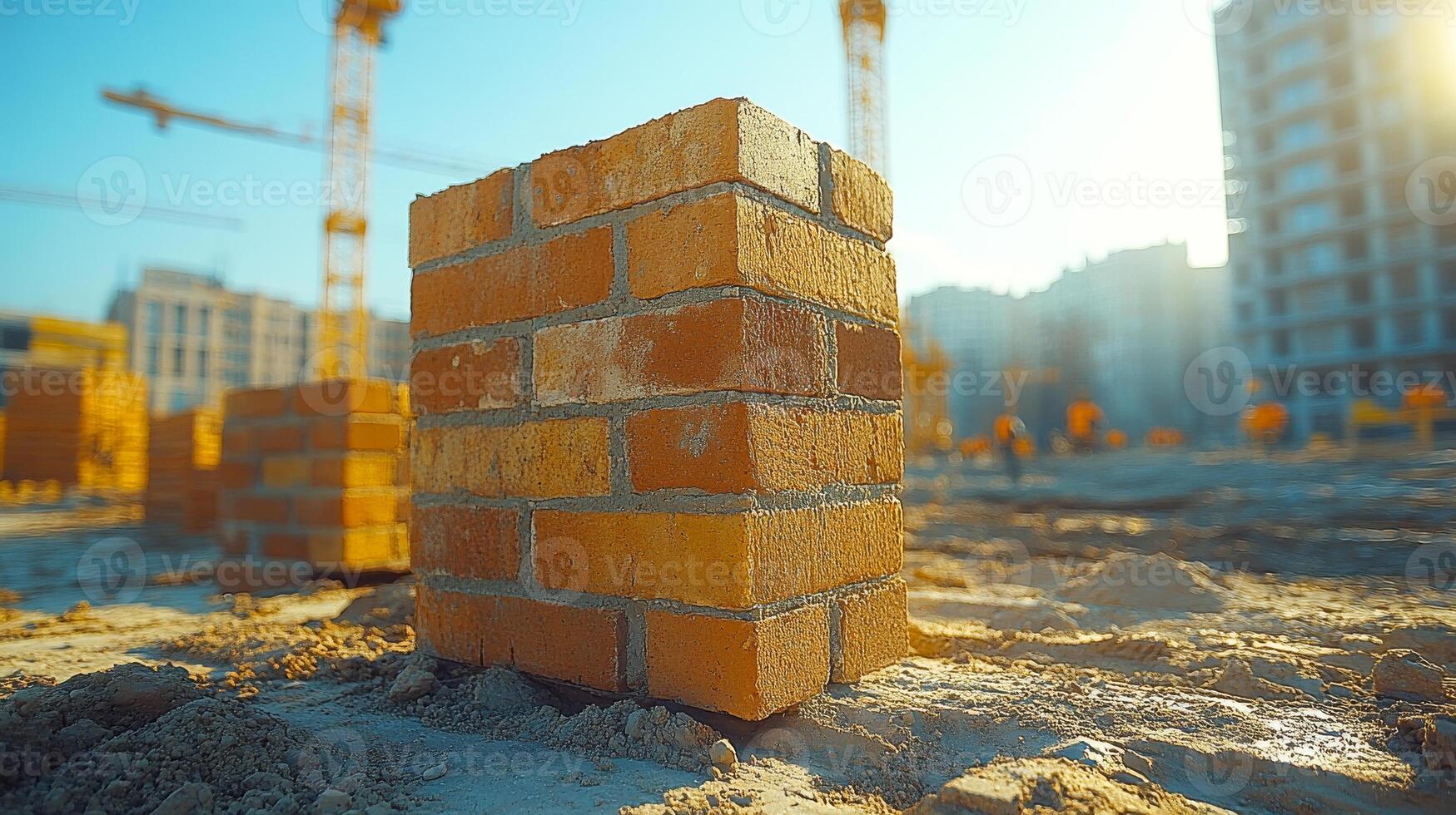 Sunrise on brick urban build. Workers construct structures at dawn, with tall cranes and brick walls at the construction site. photo