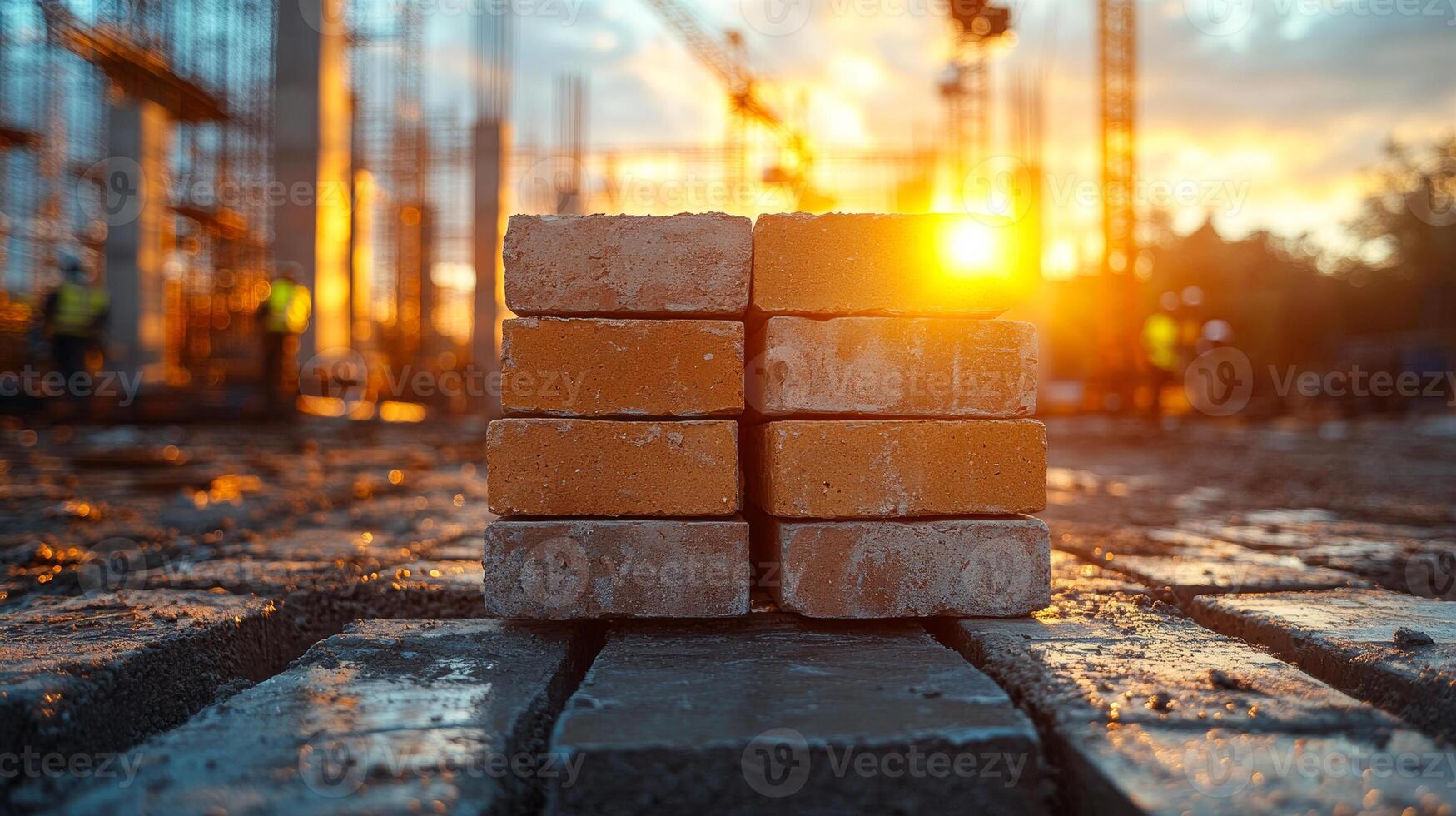 Bricks at sunset construction. Orange bricks are arranged neatly with a sunset backdrop at a busy construction site, capturing the hustle of the day. photo
