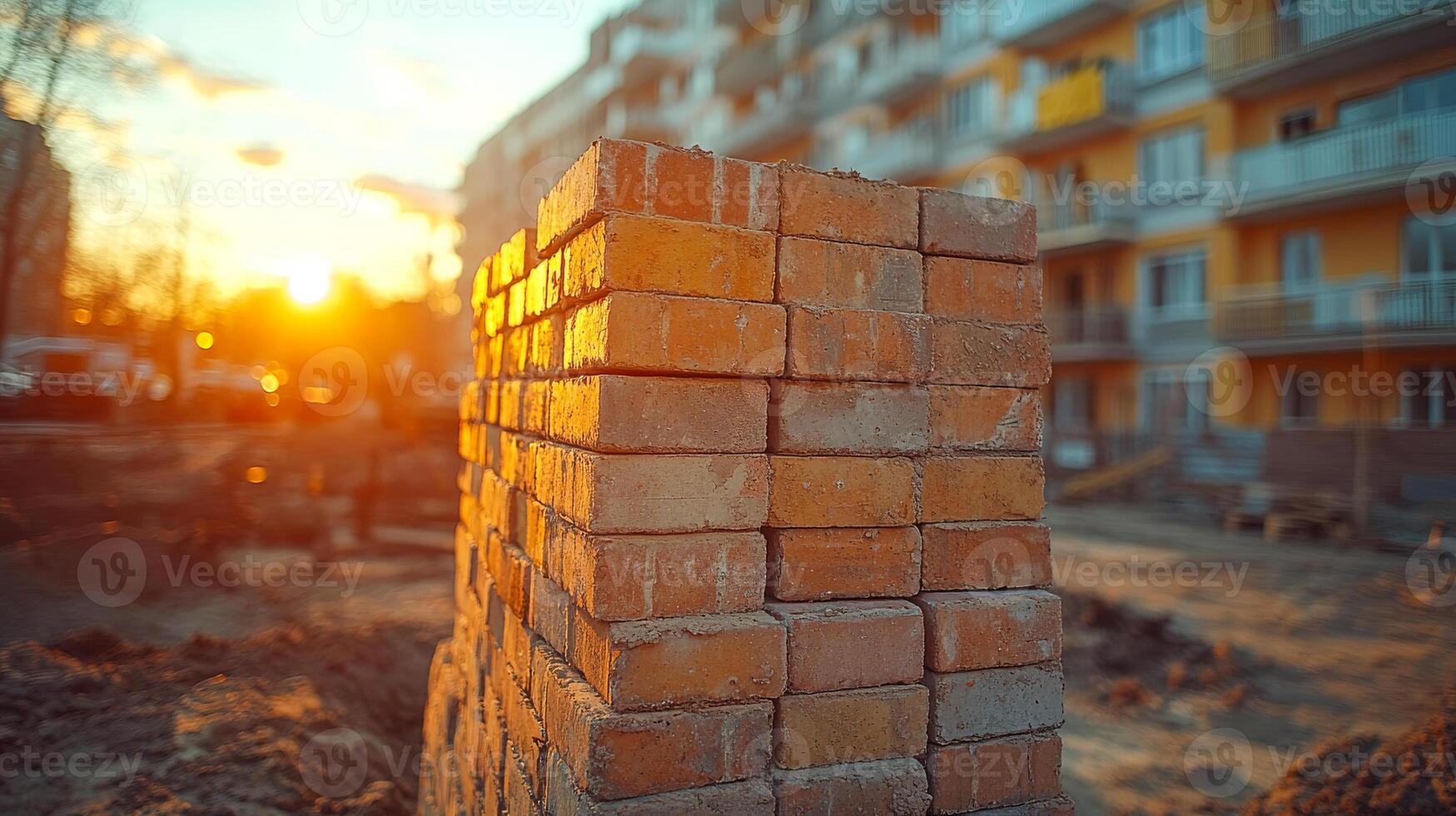 Bricks at sunset by buildings. Stacks of bricks are arranged on a construction site as the sun sets behind nearby buildings, casting a warm glow. photo