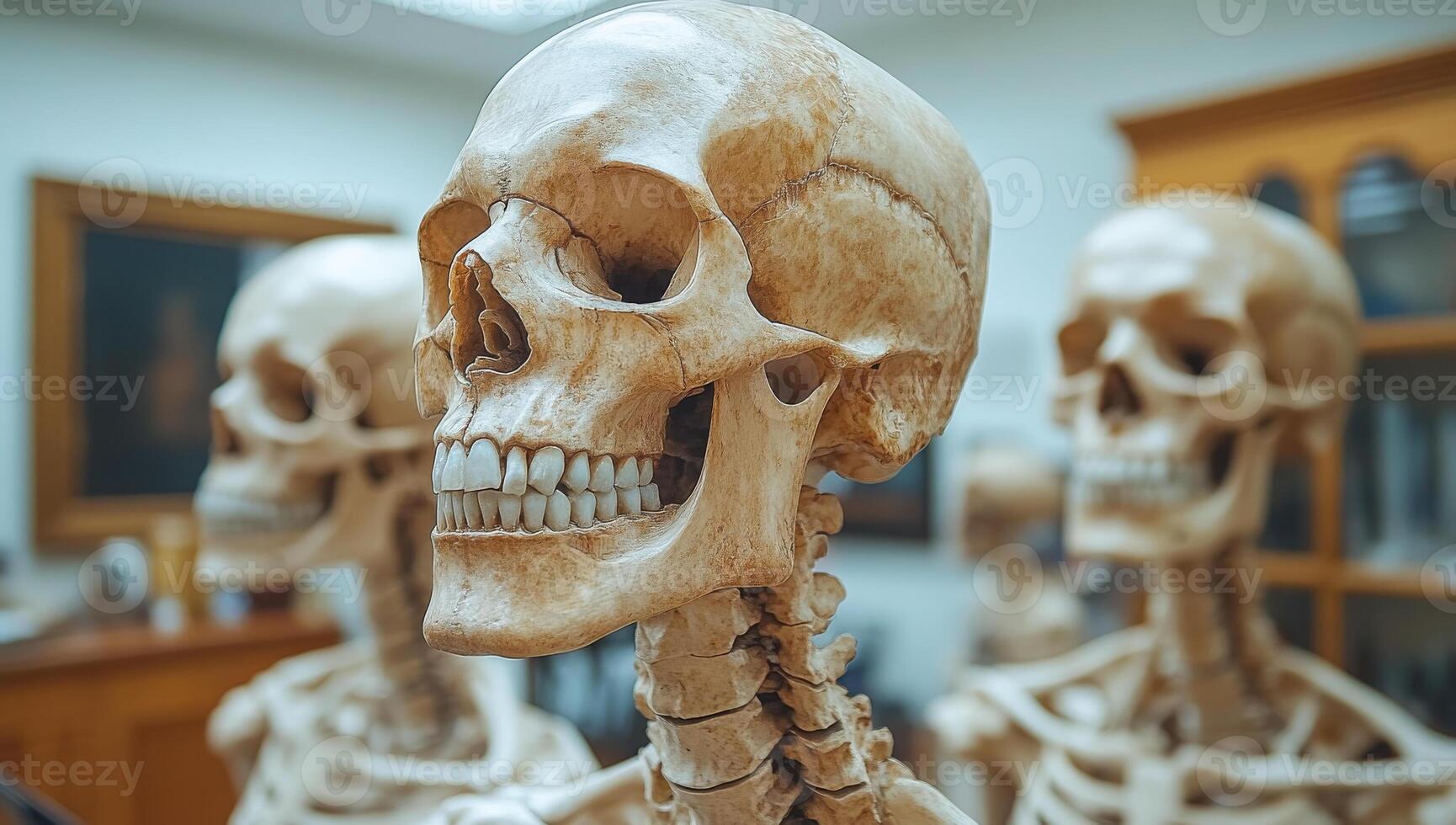 Skeletal models in museum. Three human skeletal models are showcased in a museum setting, highlighting anatomy and education about the human body. photo