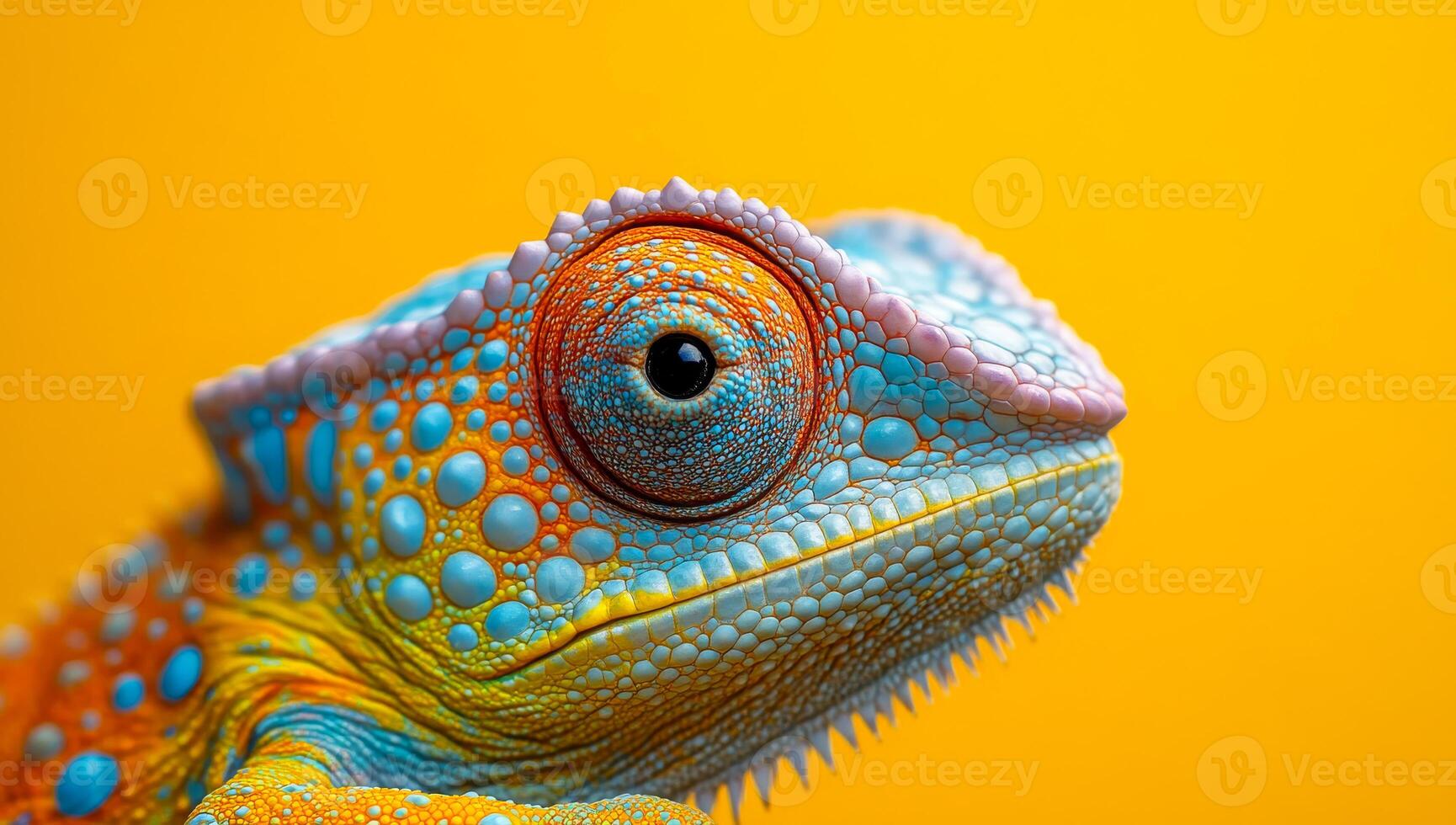 Colorful lizard displays vibrant scales. A close-up shows a colorful lizard with unique patterns on a vivid yellow background. photo