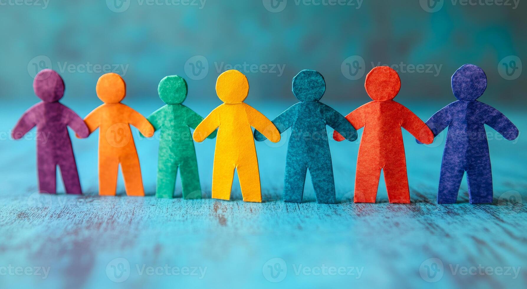Colorful figures united. Colorful paper cutouts stand together against a soft blue backdrop, symbolizing unity and diversity. photo