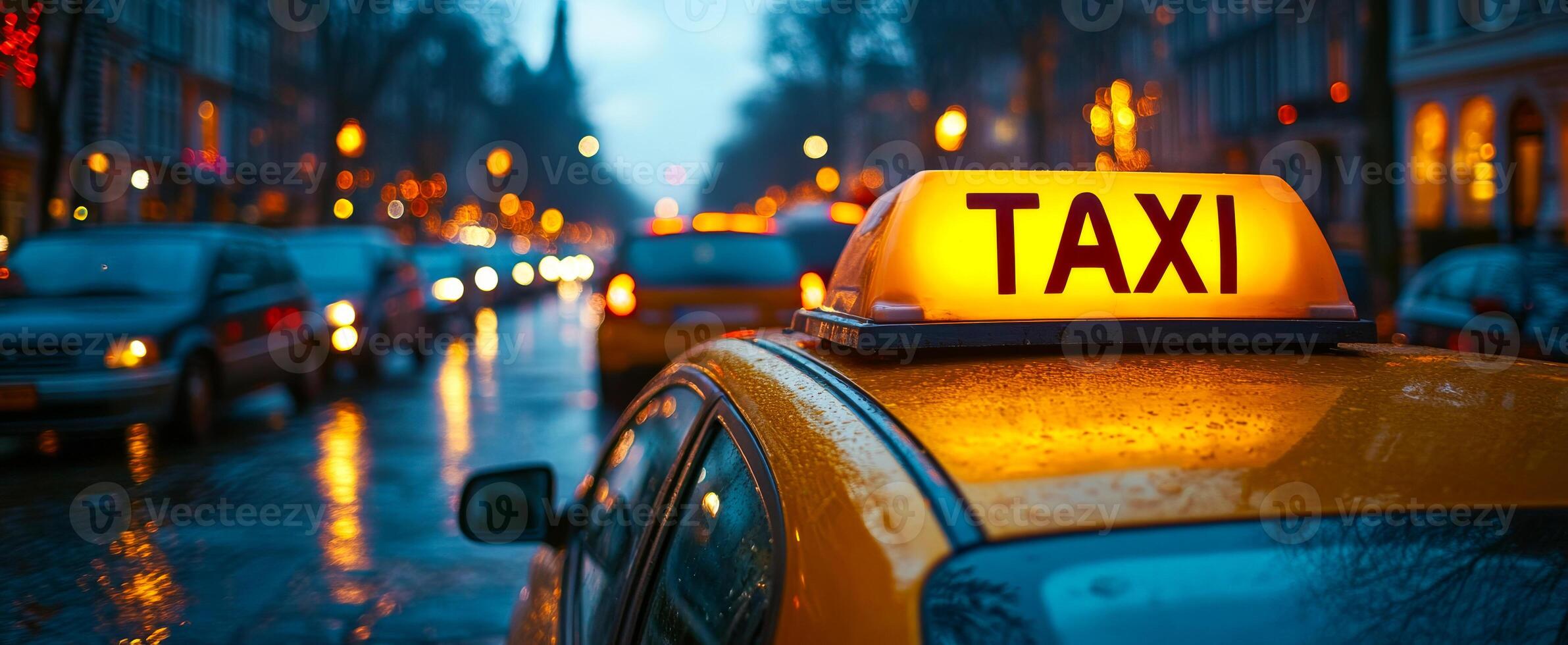 Busy city street with taxis at night. Yellow taxi cabs line a wet street illuminated by city lights during a rainy evening bustle. photo