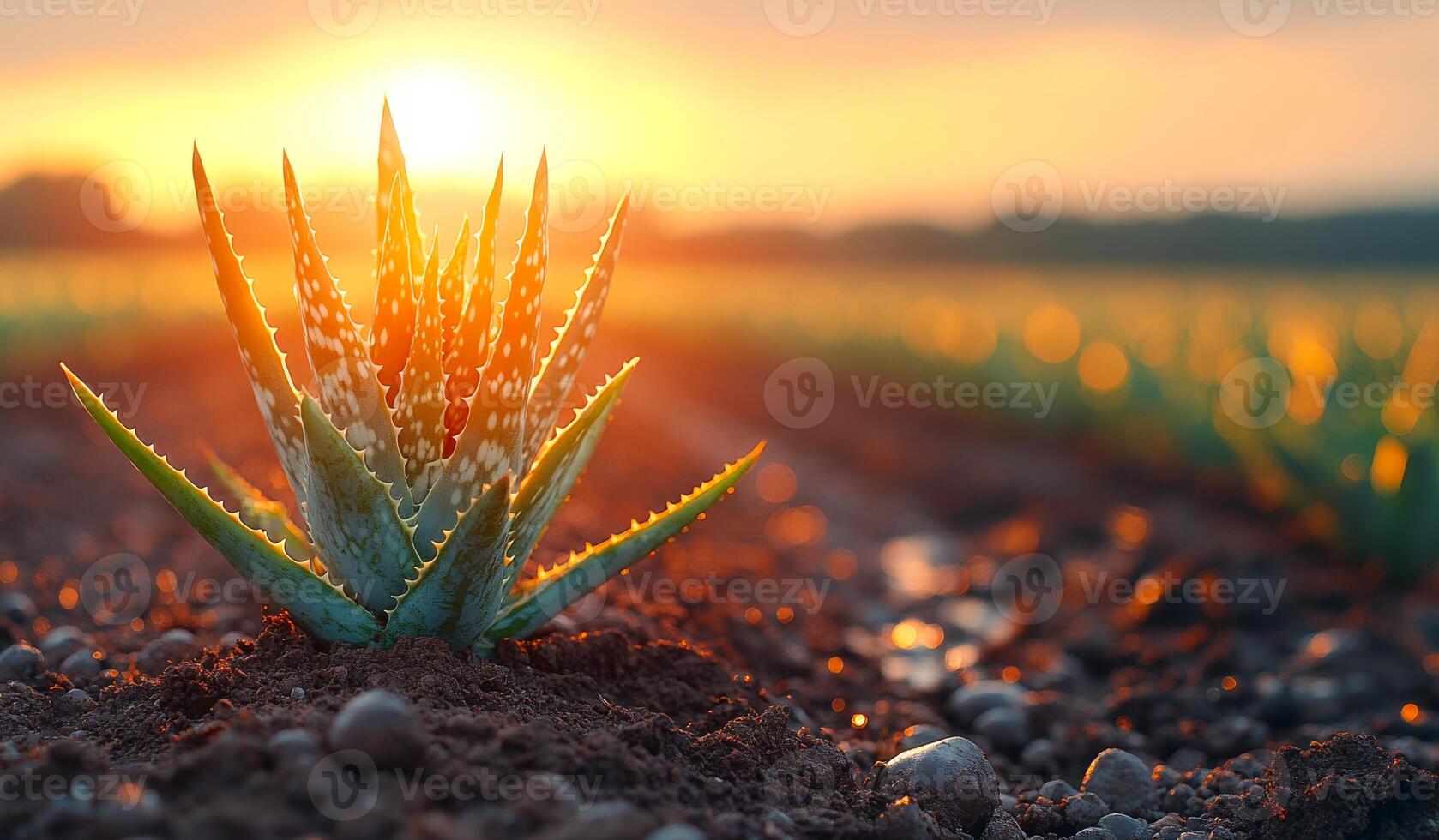 Sunset aloe vera in the field. Aloe vera plant illuminated by the setting sun in a vast agricultural field, showcasing a serene evening atmosphere. photo