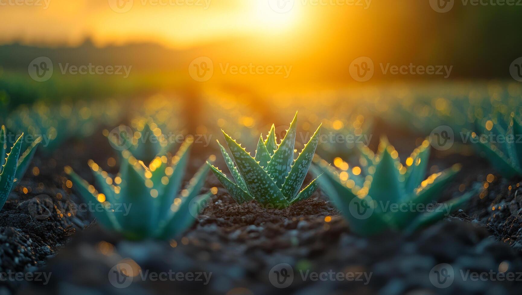Aloe vera plants thriving at sunset. Green aloe vera plants glisten with dew as the sun sets over a calm field, creating a serene atmosphere. photo