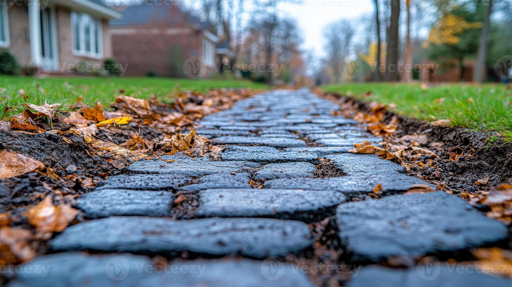 Autumn leaves on cobblestones. A close view of a cobblestone path surrounded by fallen leaves on a crisp autumn day in a peaceful neighborhood. photo